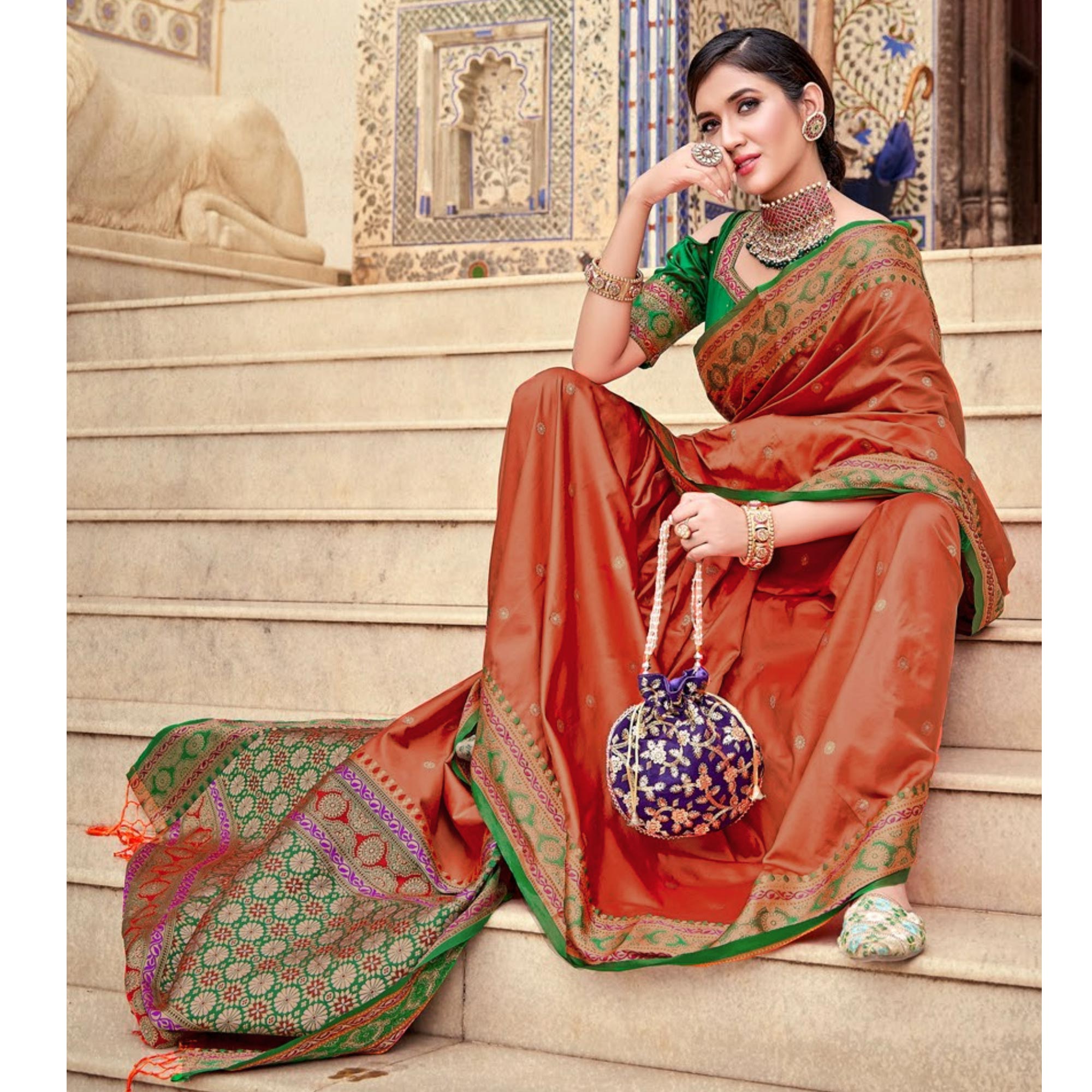 Peach Woven Pure Silk Saree With With Tassels