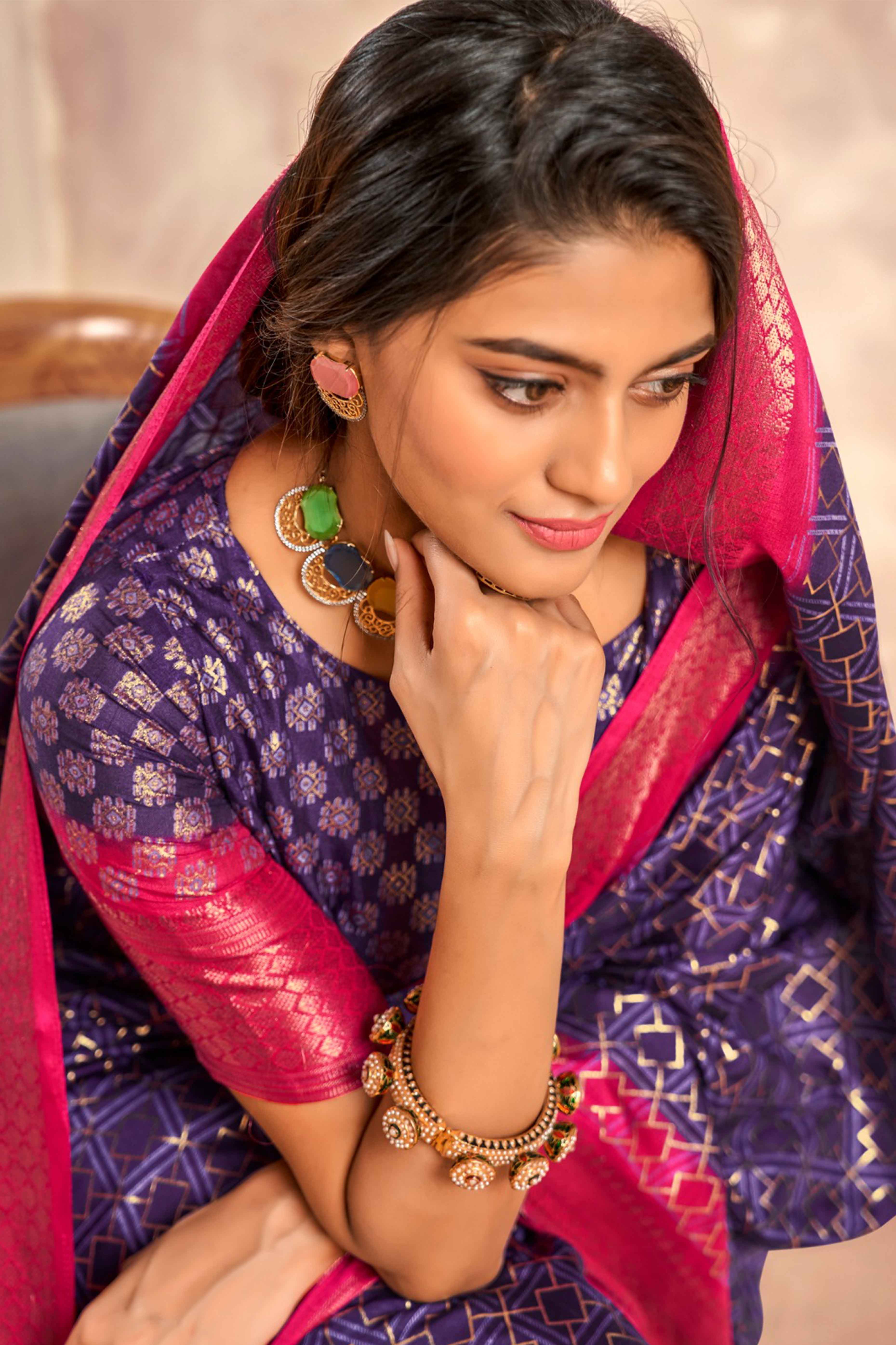 Violet Geometric Foil Printed Dola Silk Saree With Woven Border