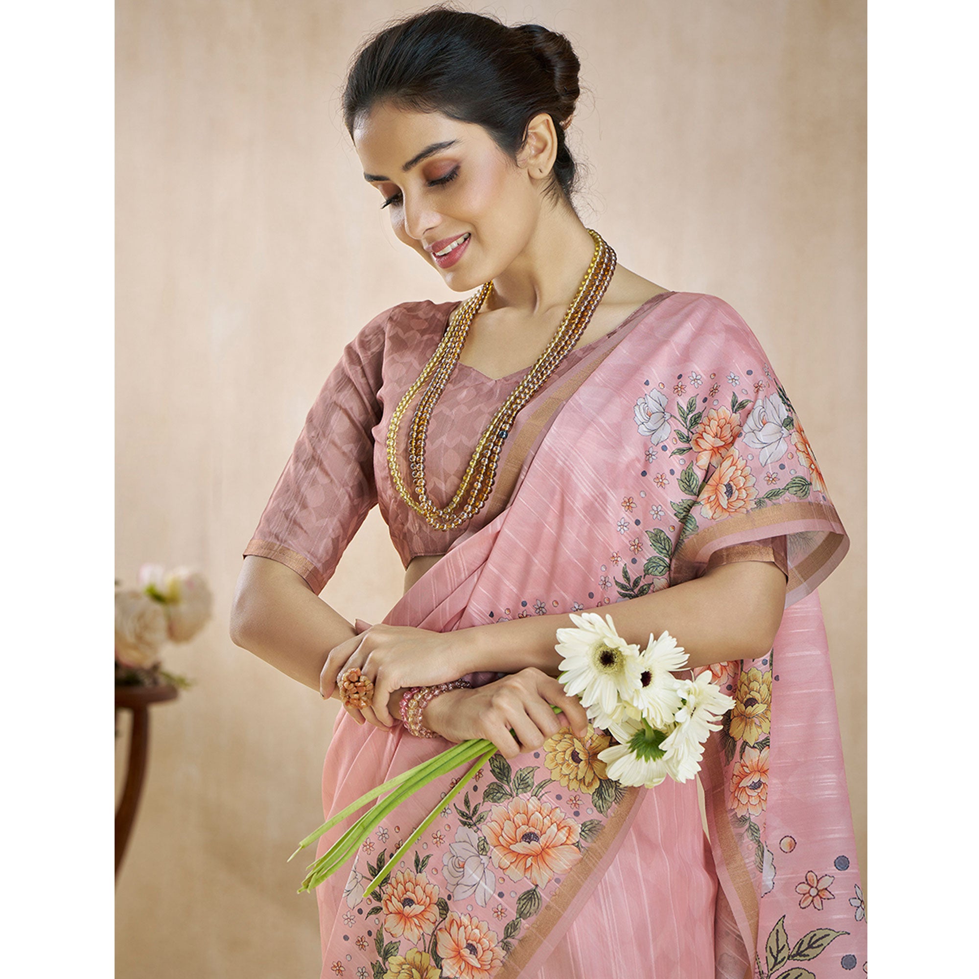 Pink Floral Digital Printed Pure Silk Saree