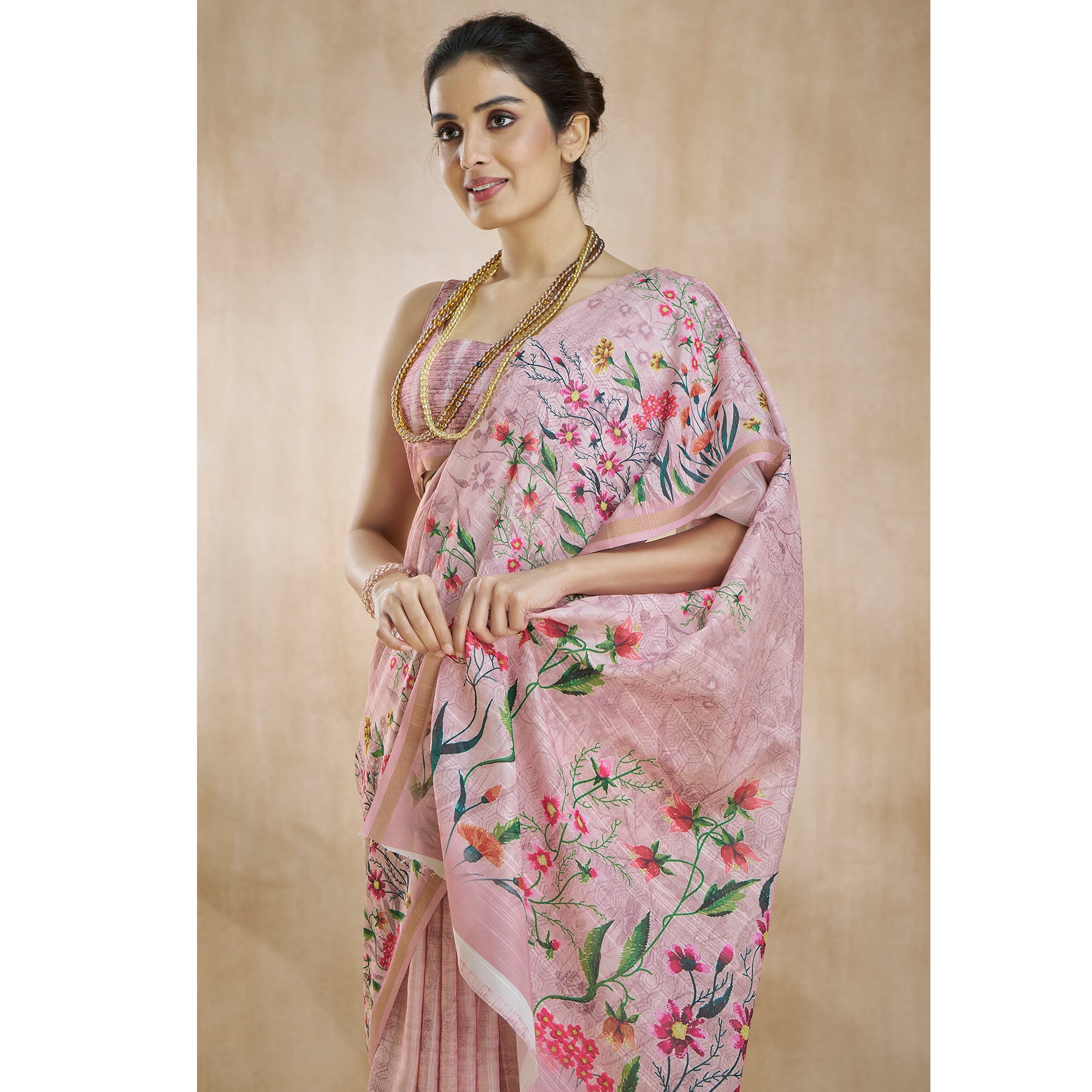 Onion Pink Floral Digital Printed Pure Silk Saree