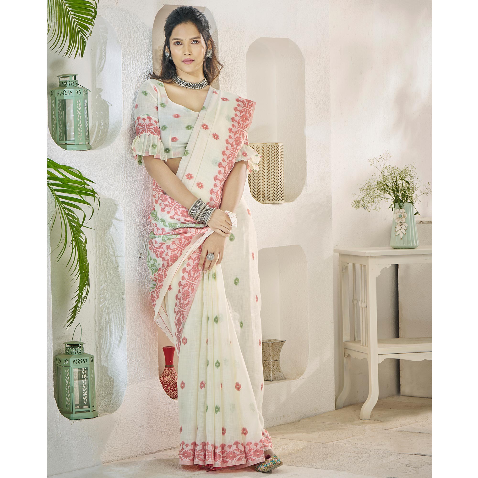 Off White Floral Woven Cotton Silk Saree