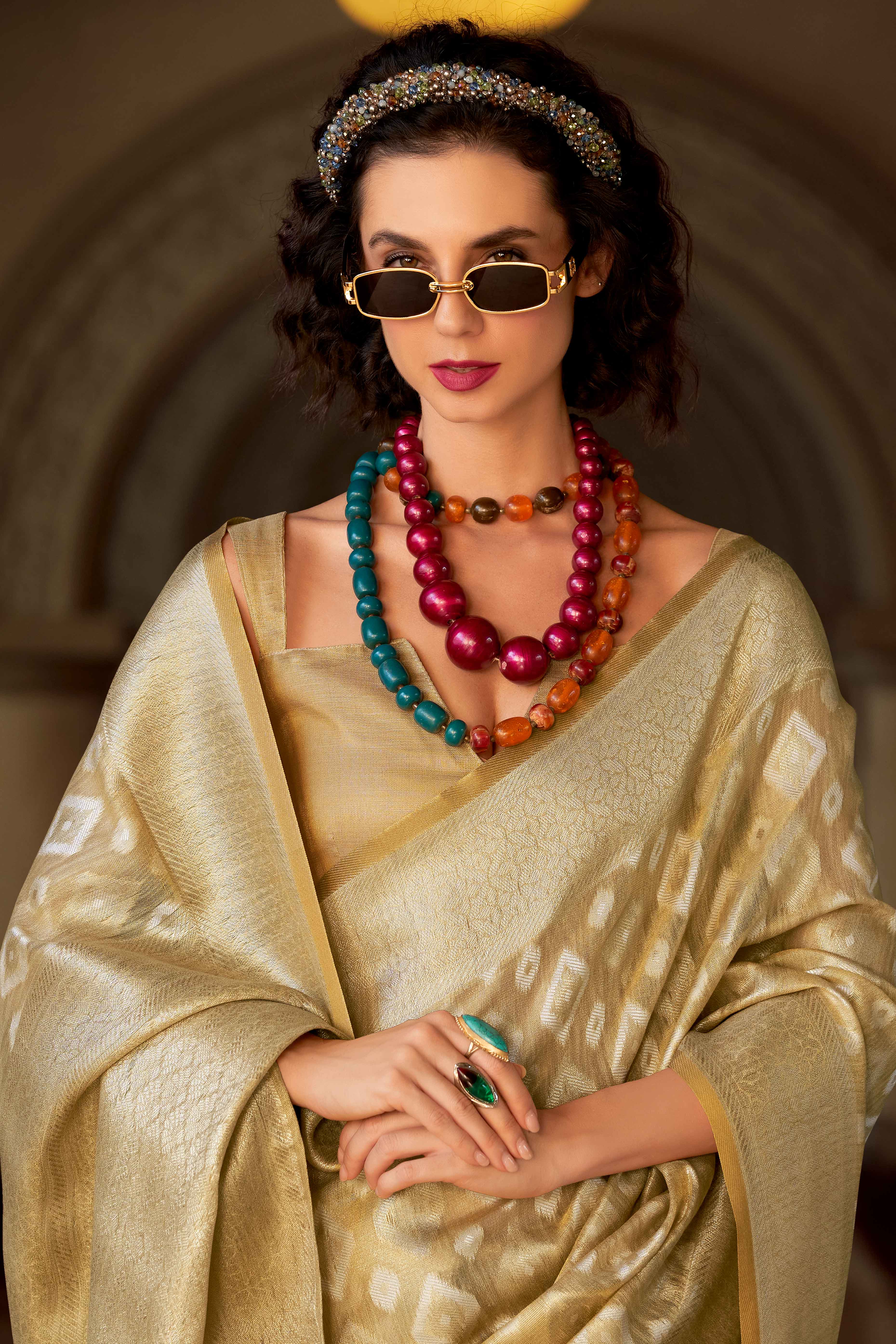Chikoo Geometric Pattern Woven Tissue Silk Saree