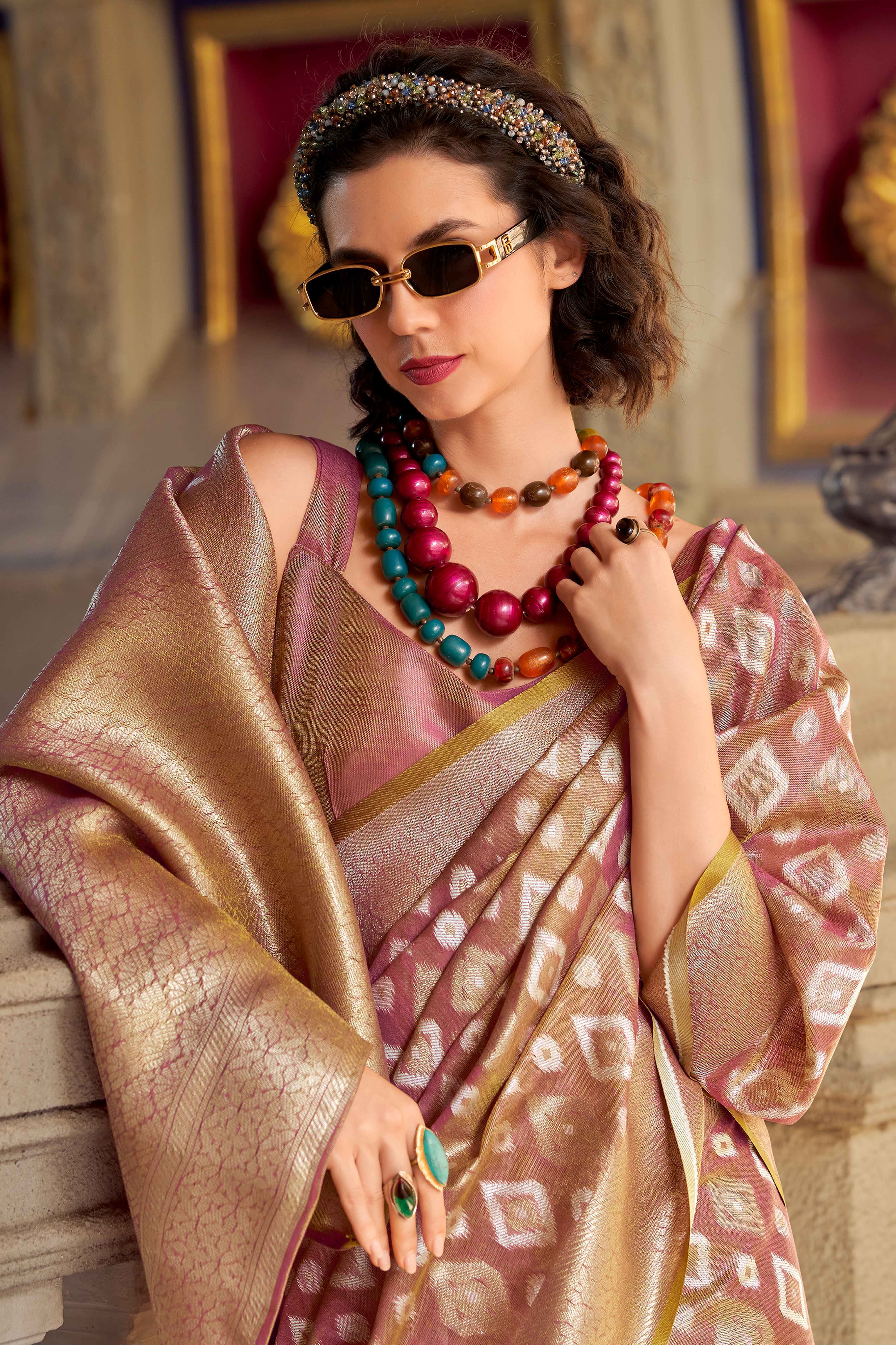 Mauve Geometric Pattern Woven Tissue Silk Saree