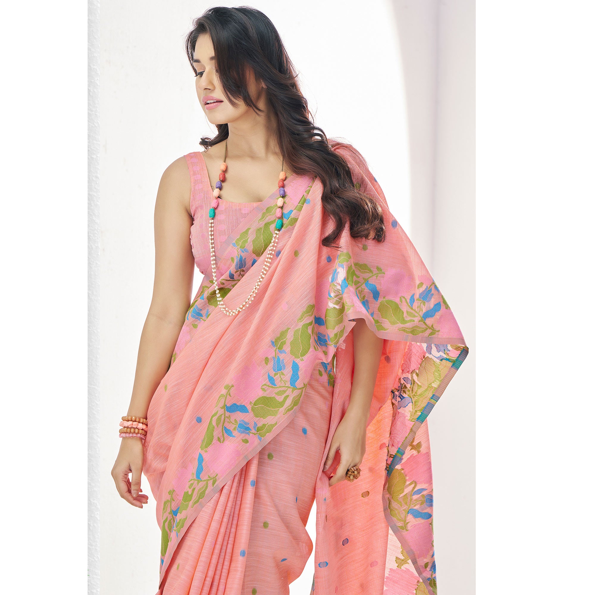Peach Floral Woven Cotton Silk Saree