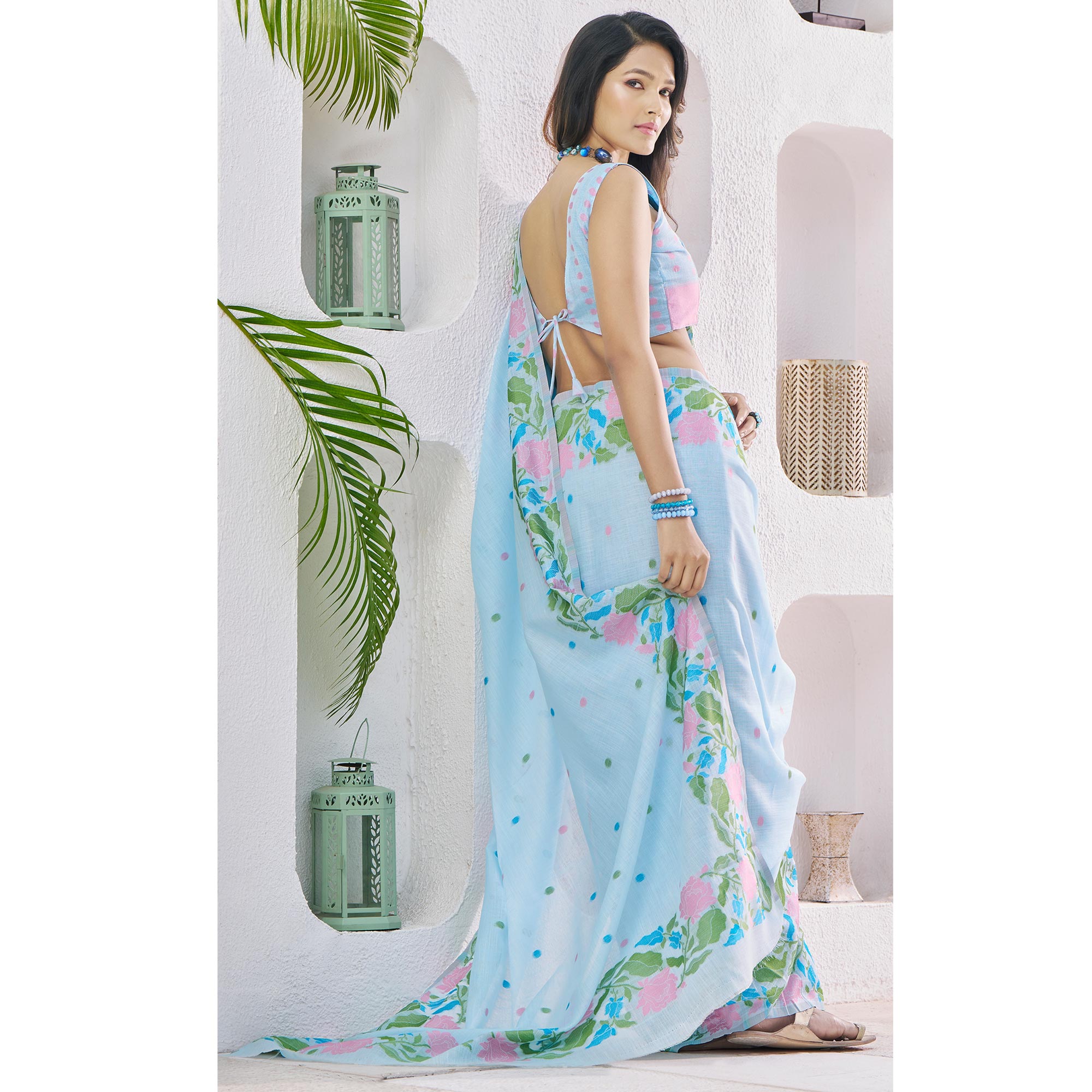 Blue Floral Woven Cotton Silk Saree