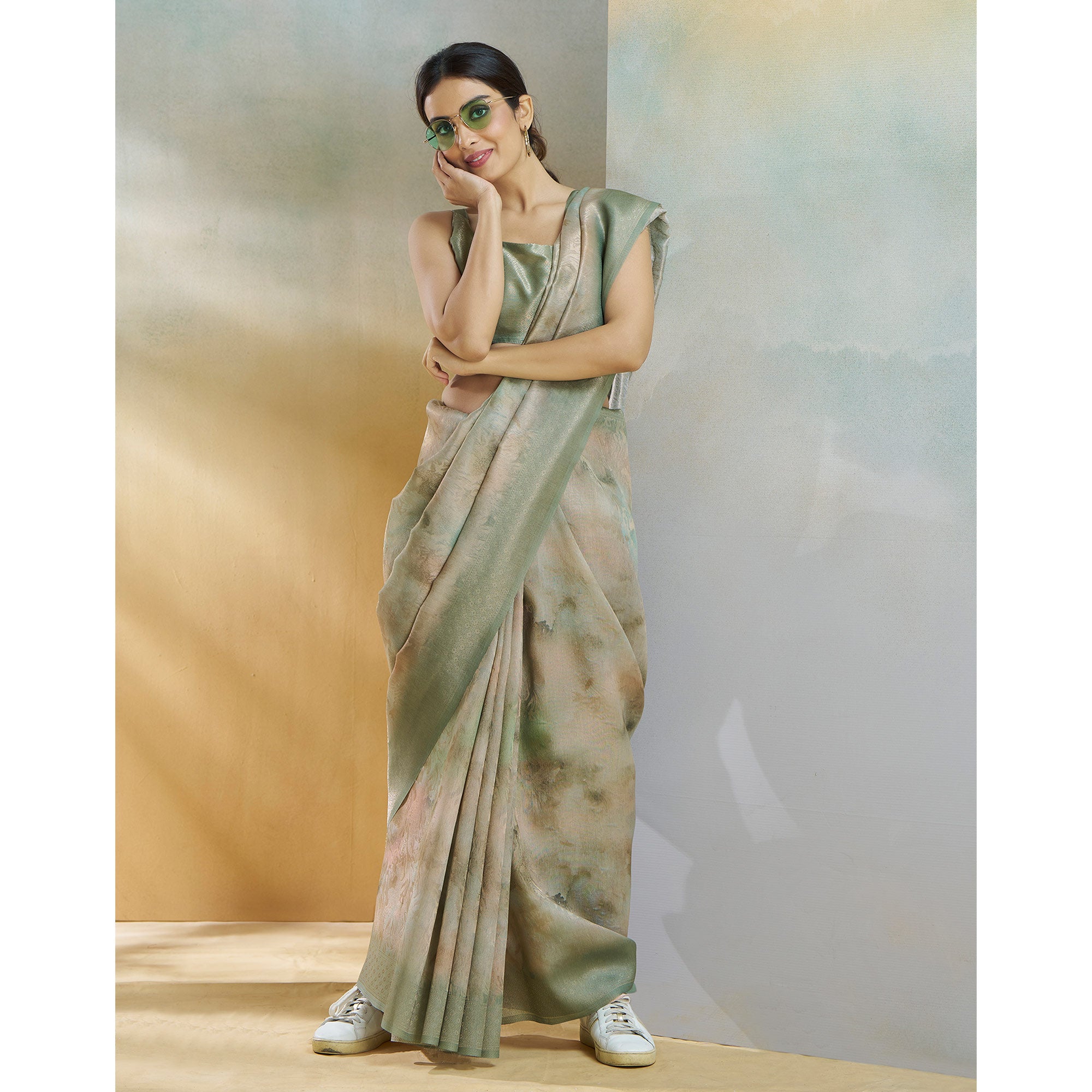 Green Woven With Digital Printed Linen Saree