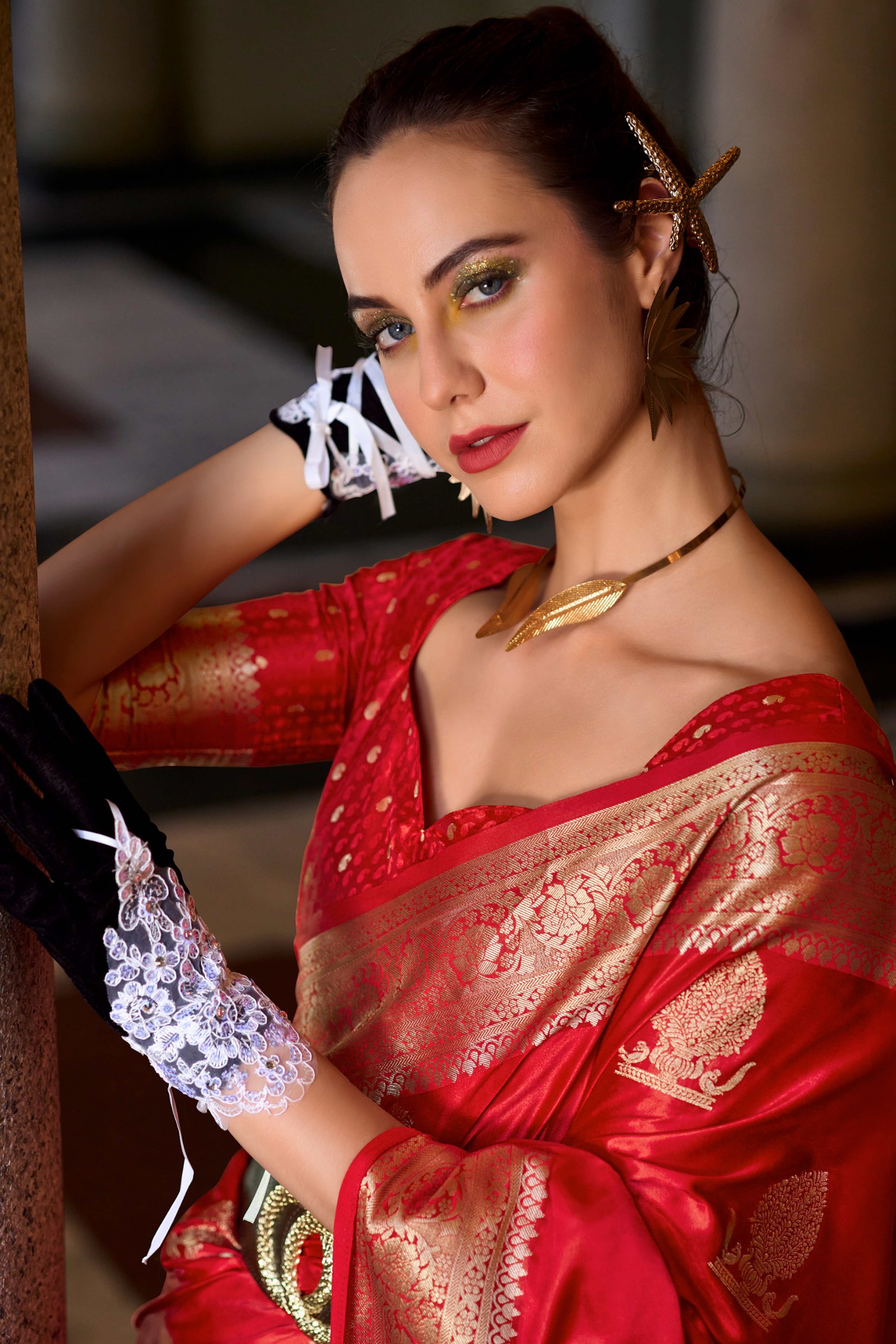 17Red Satin Saree with Floral Zari Weaving