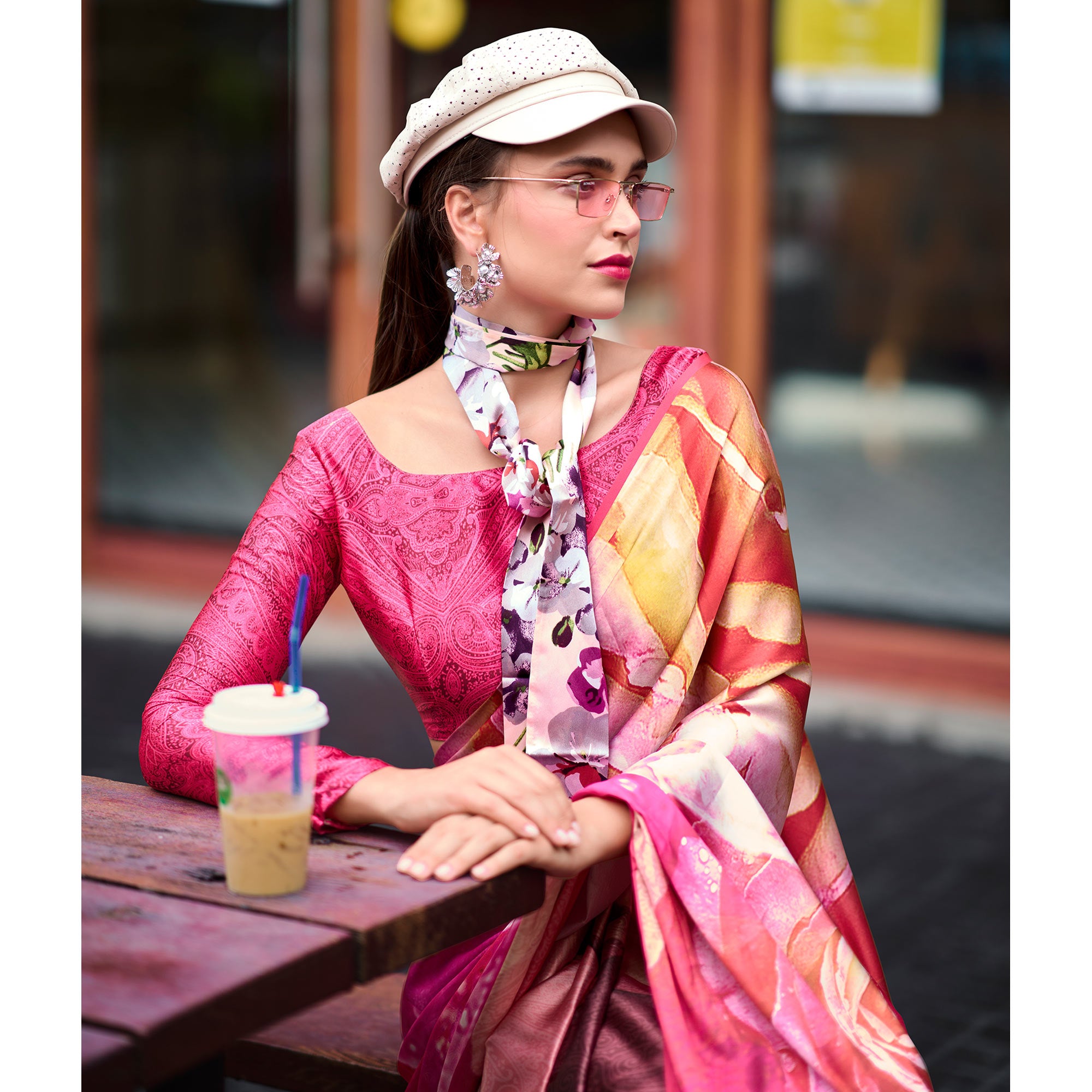 Pink Floral Digital Printed Pure Satin Saree