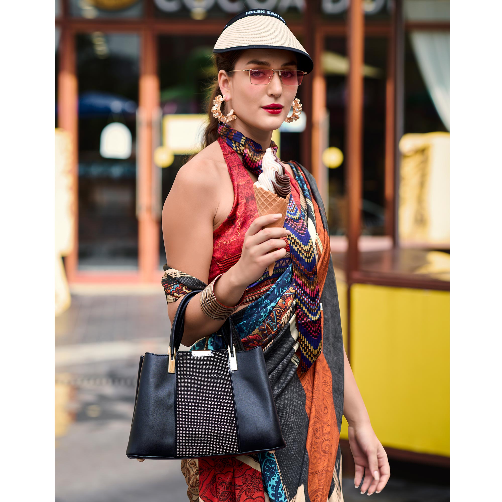 Multicolor Striped Digital Printed Pure Satin Saree