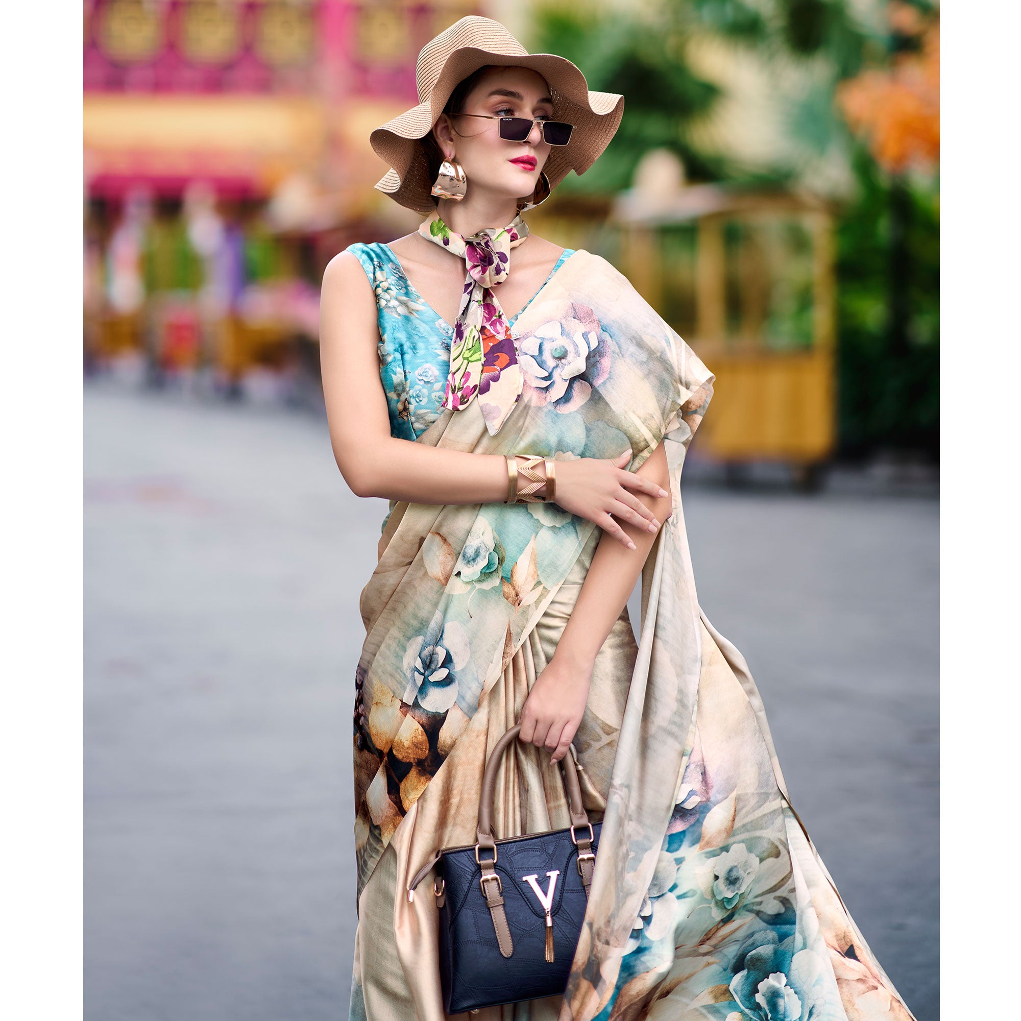 Cream Floral Digital Printed Pure Satin Saree