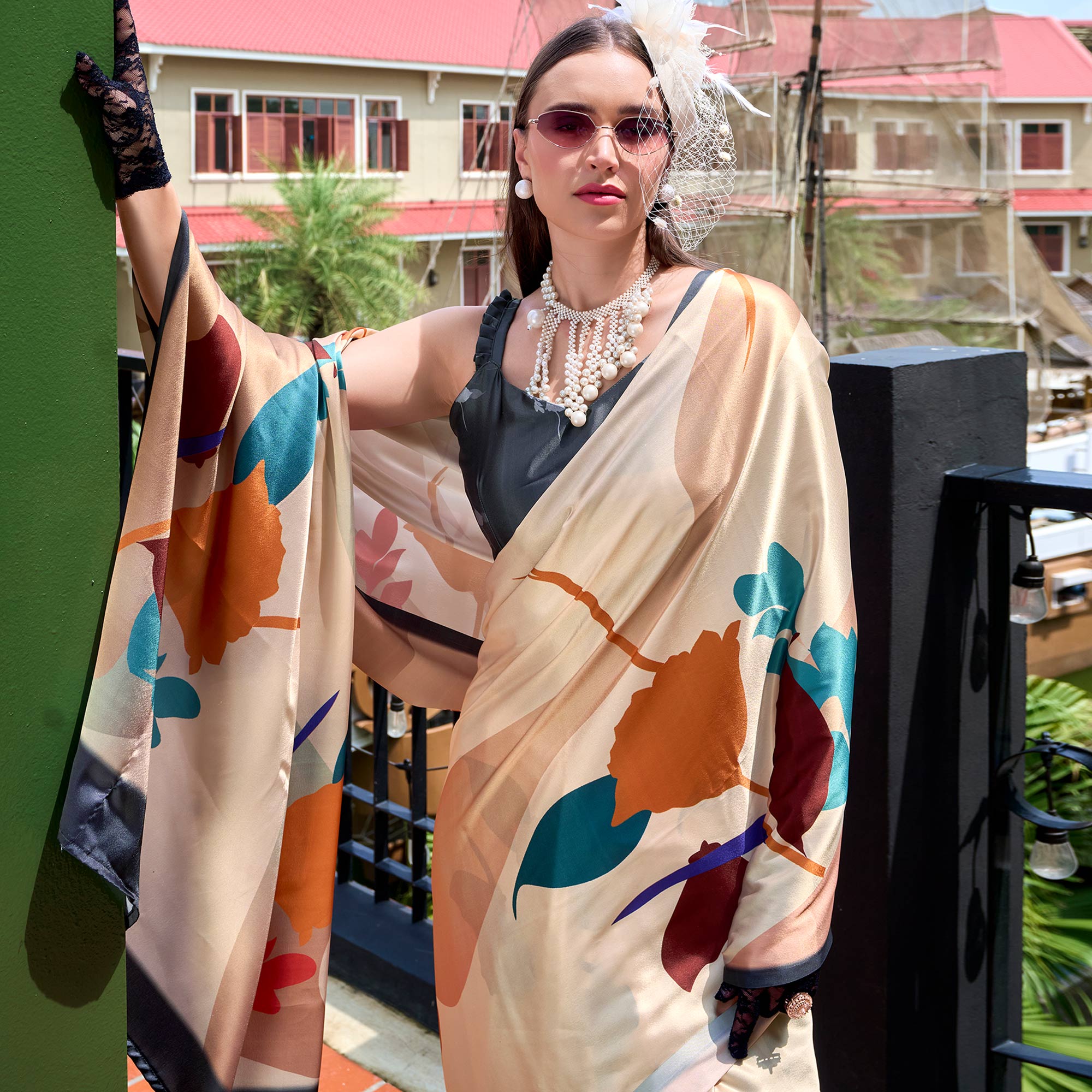 Cream Floral Digital Printed Pure Satin Saree