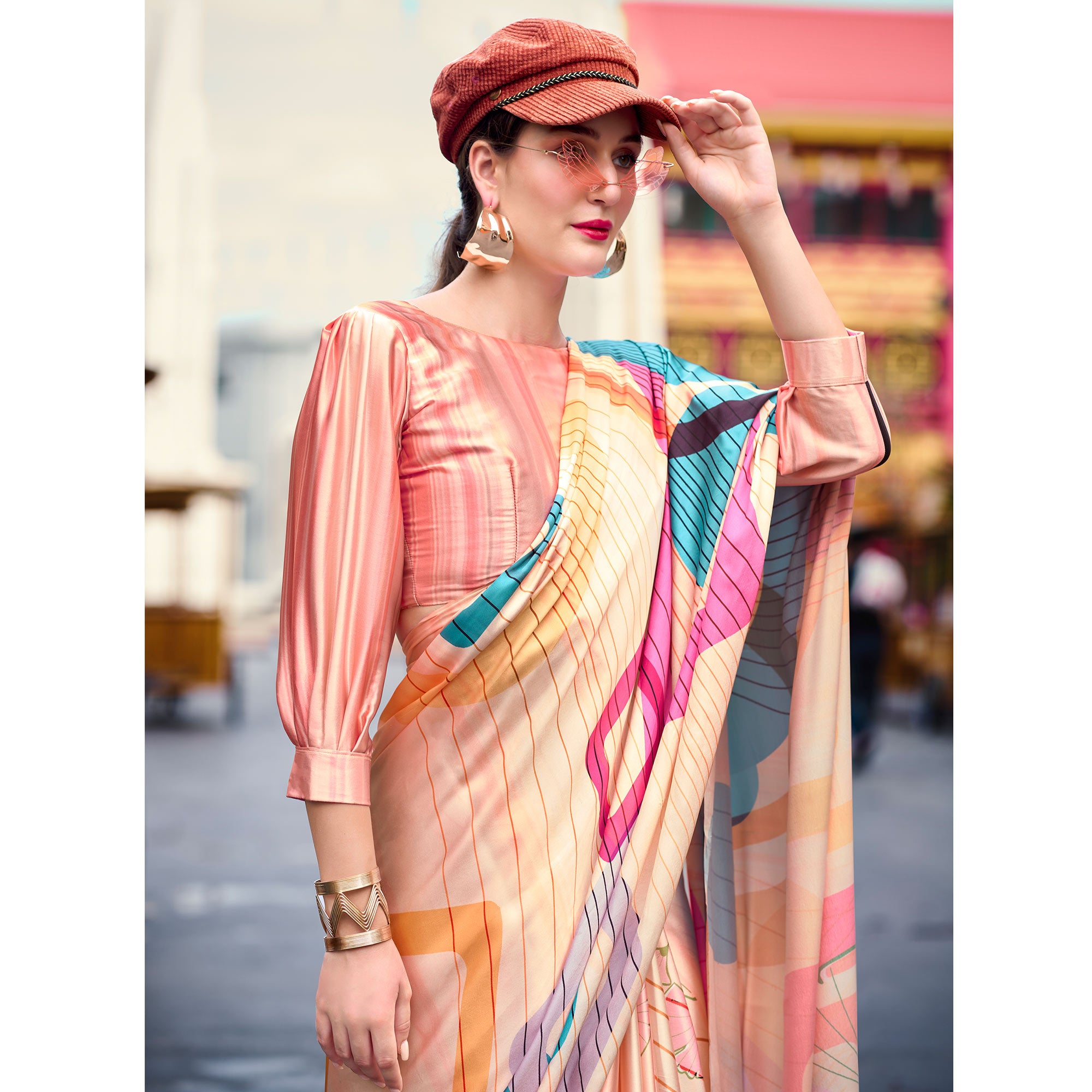 Peach Geometric Digital Printed Pure Satin Saree
