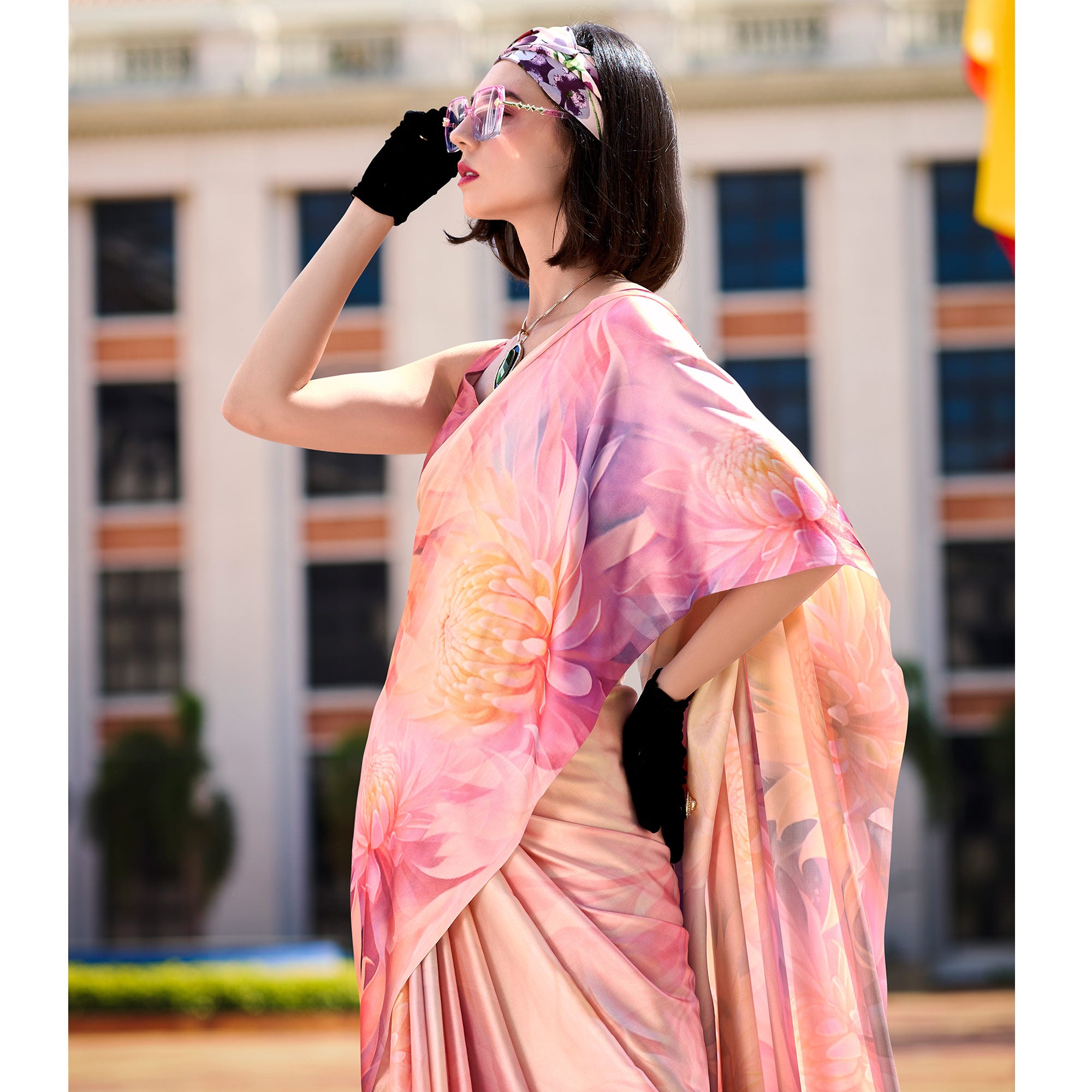 Peach Floral Digital Printed Pure Satin Saree