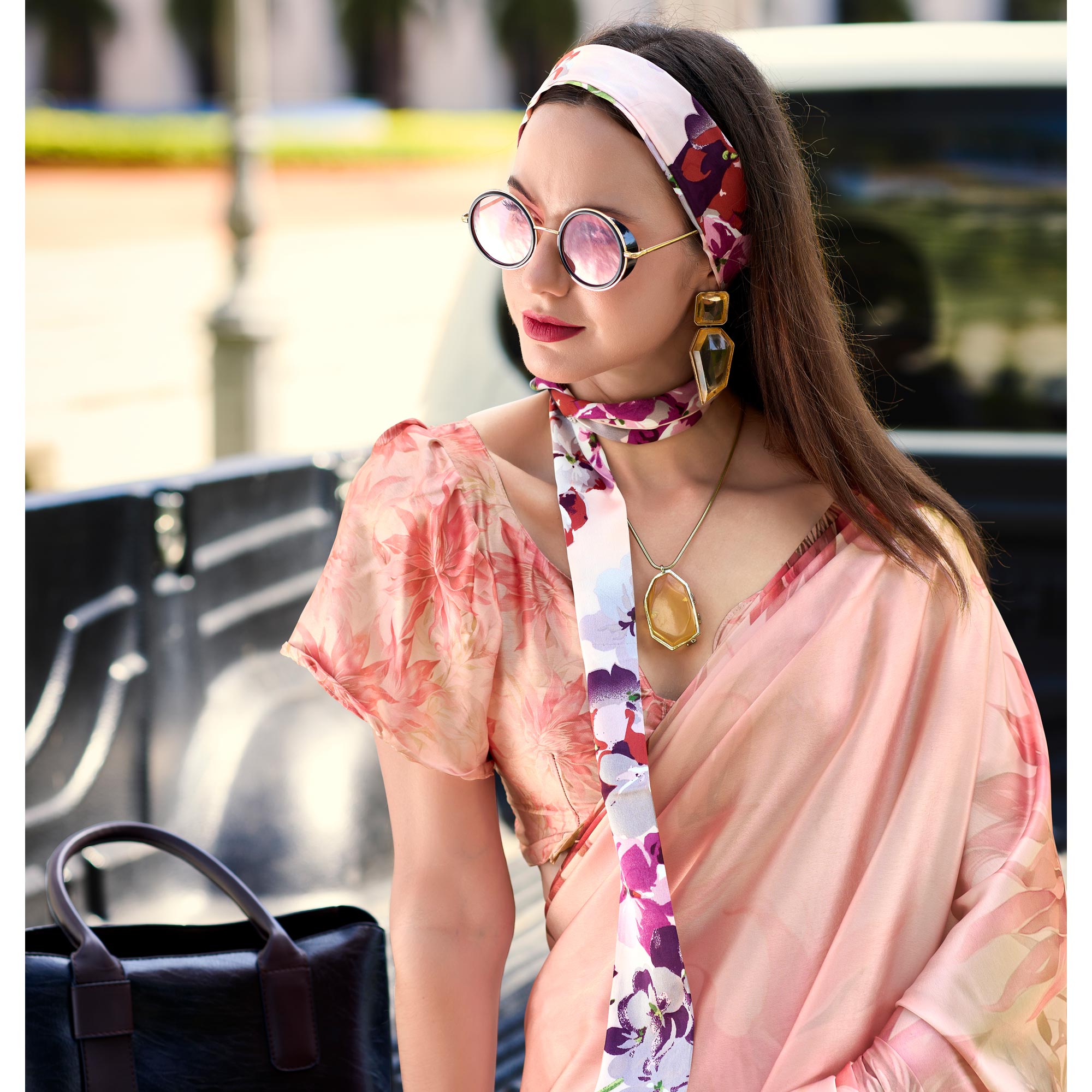 Peach Digital Printed Pure Satin Saree