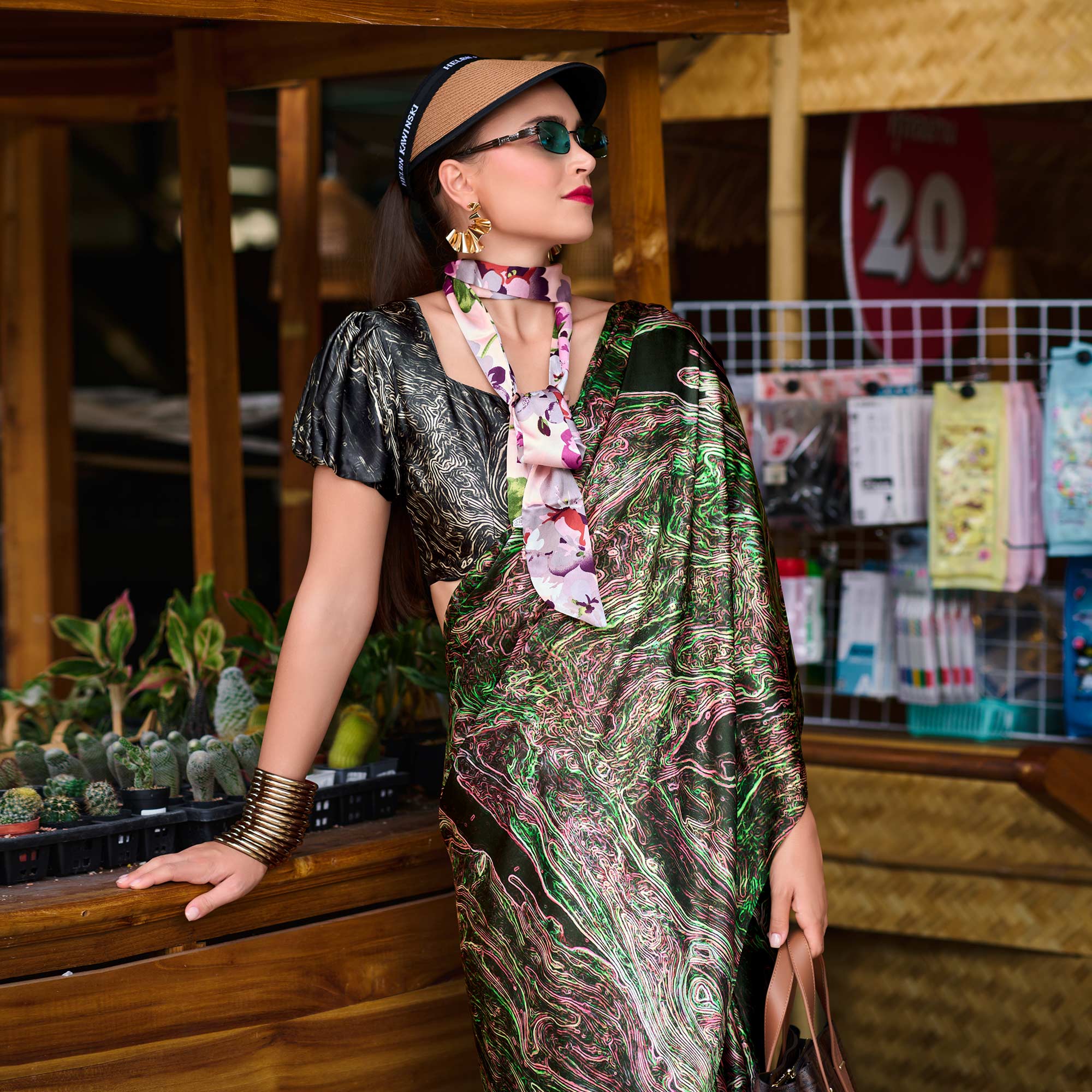 Green Digital Printed Pure Satin Saree