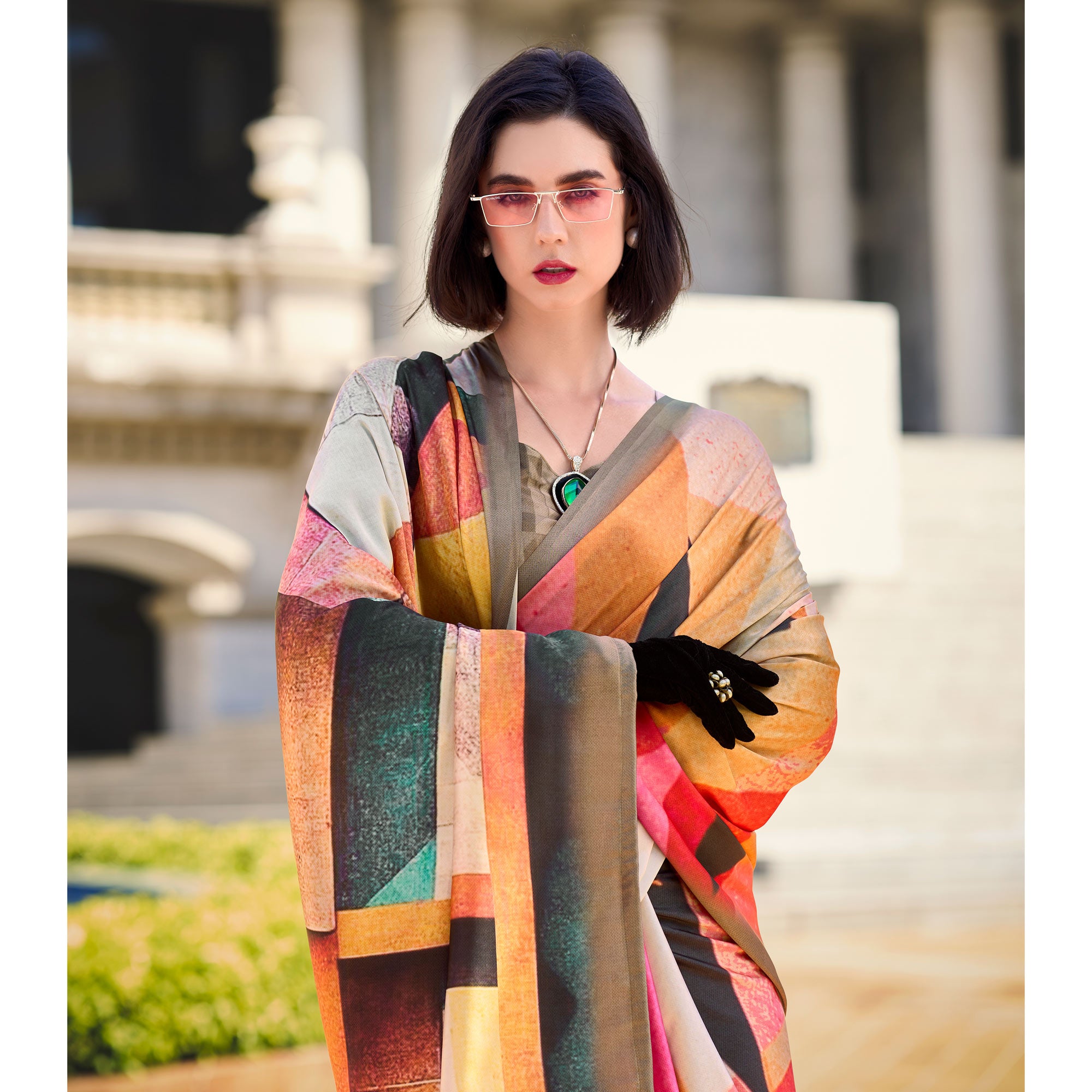 Multicolor Digital Printed Pure Satin Saree