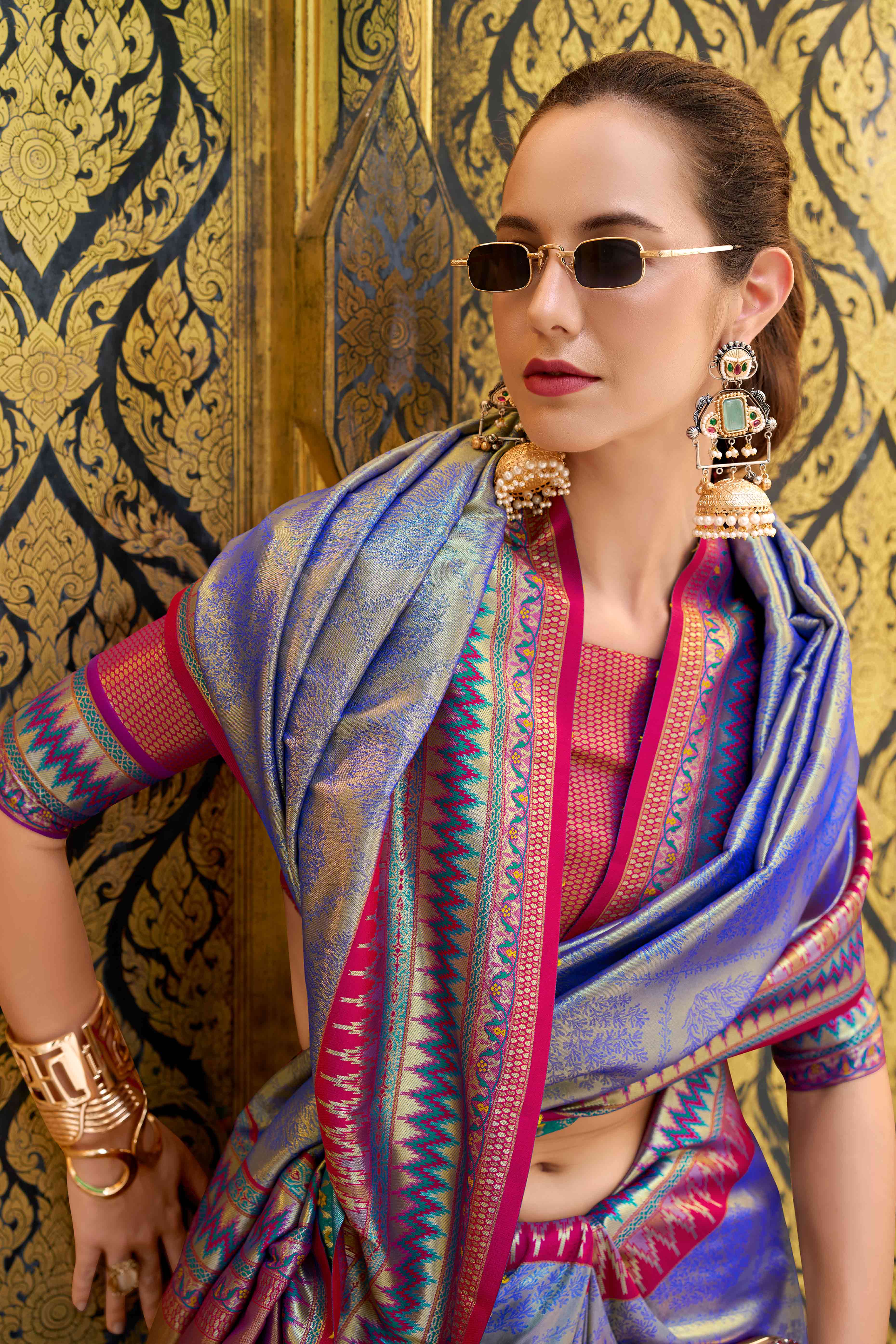 Blue Zari Weaving Tissue Silk Saree