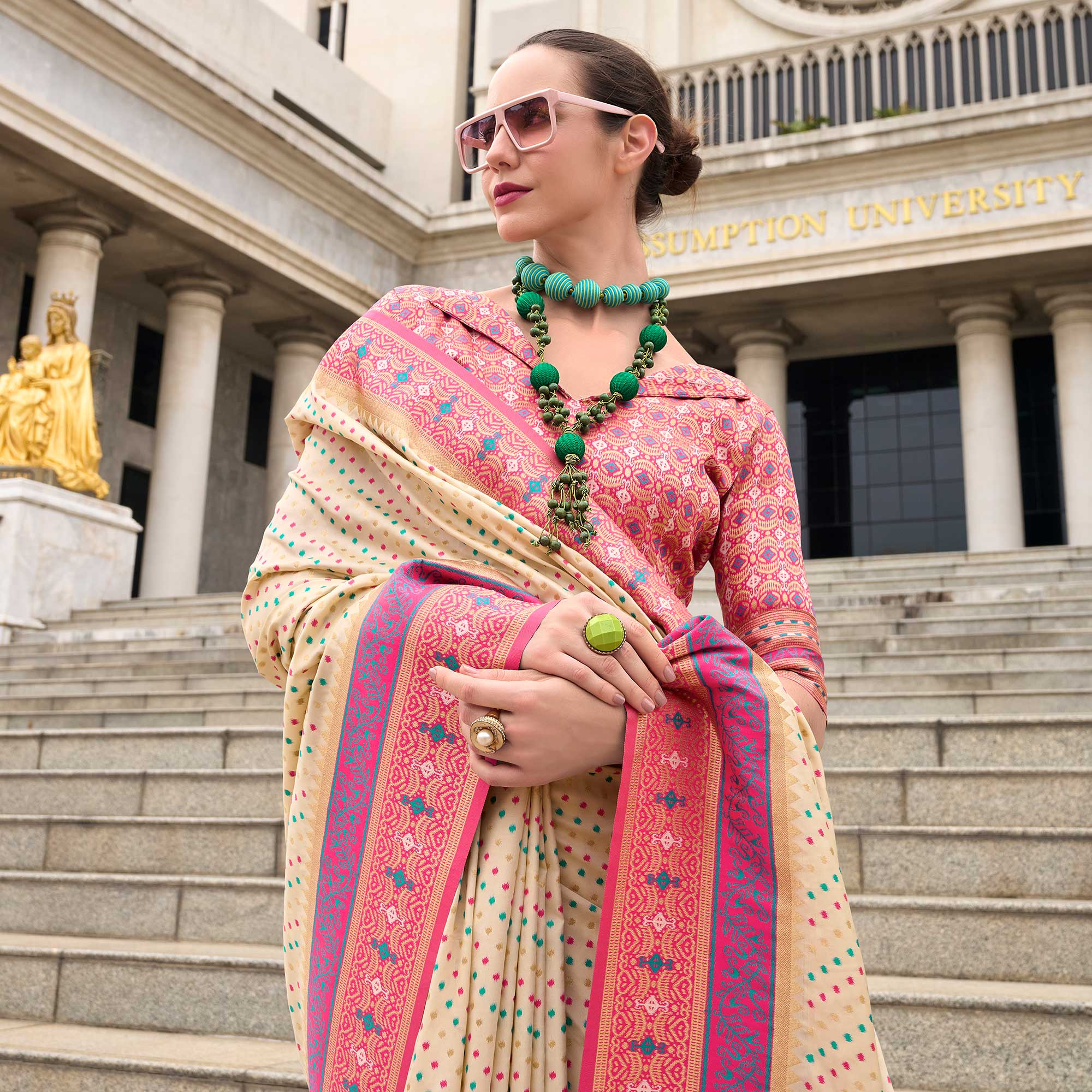 Cream Zari Woven Banarasi Silk Saree