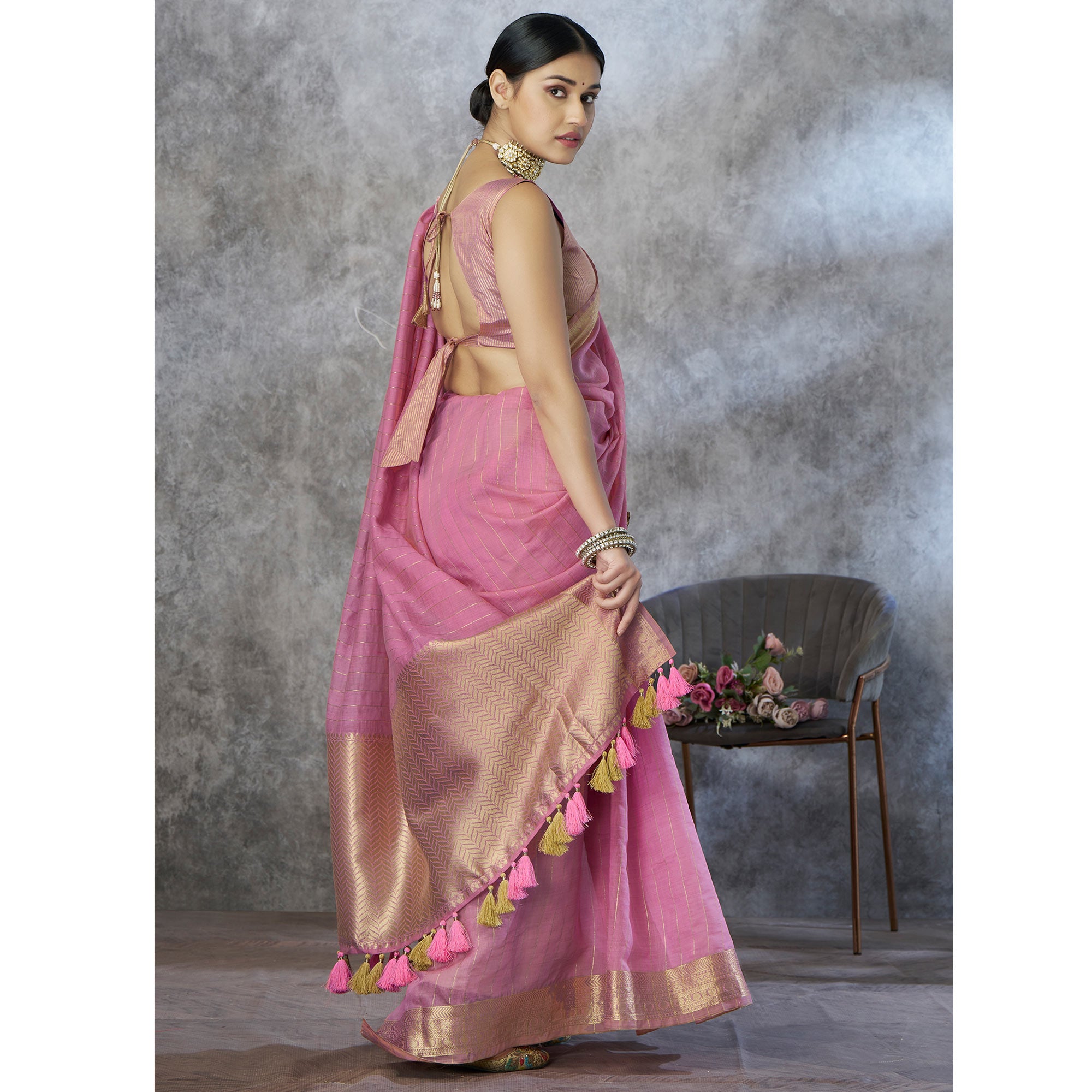 Pink Woven Cotton Silk Saree With Tassels