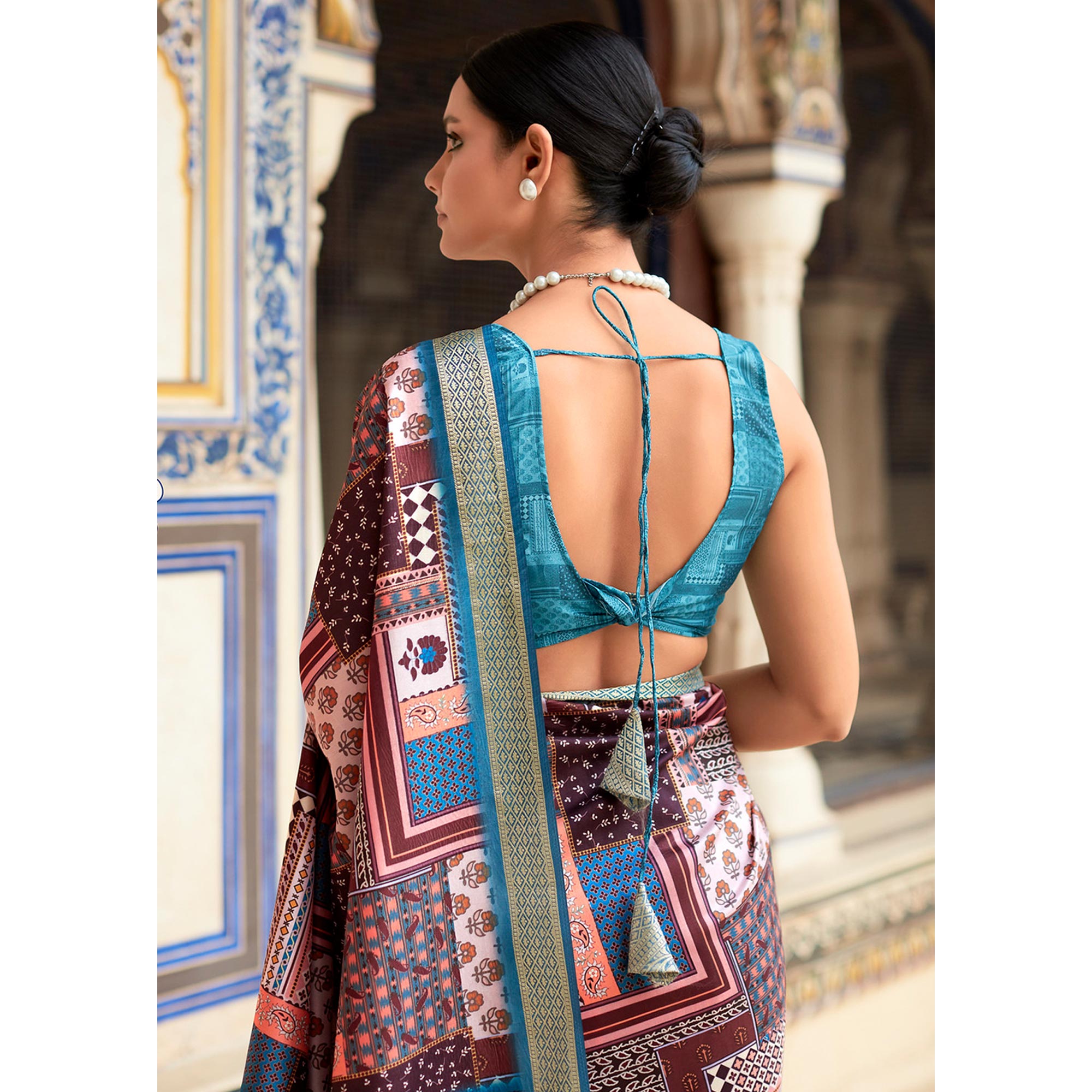 Brown & Blue Printed Dola Silk Saree