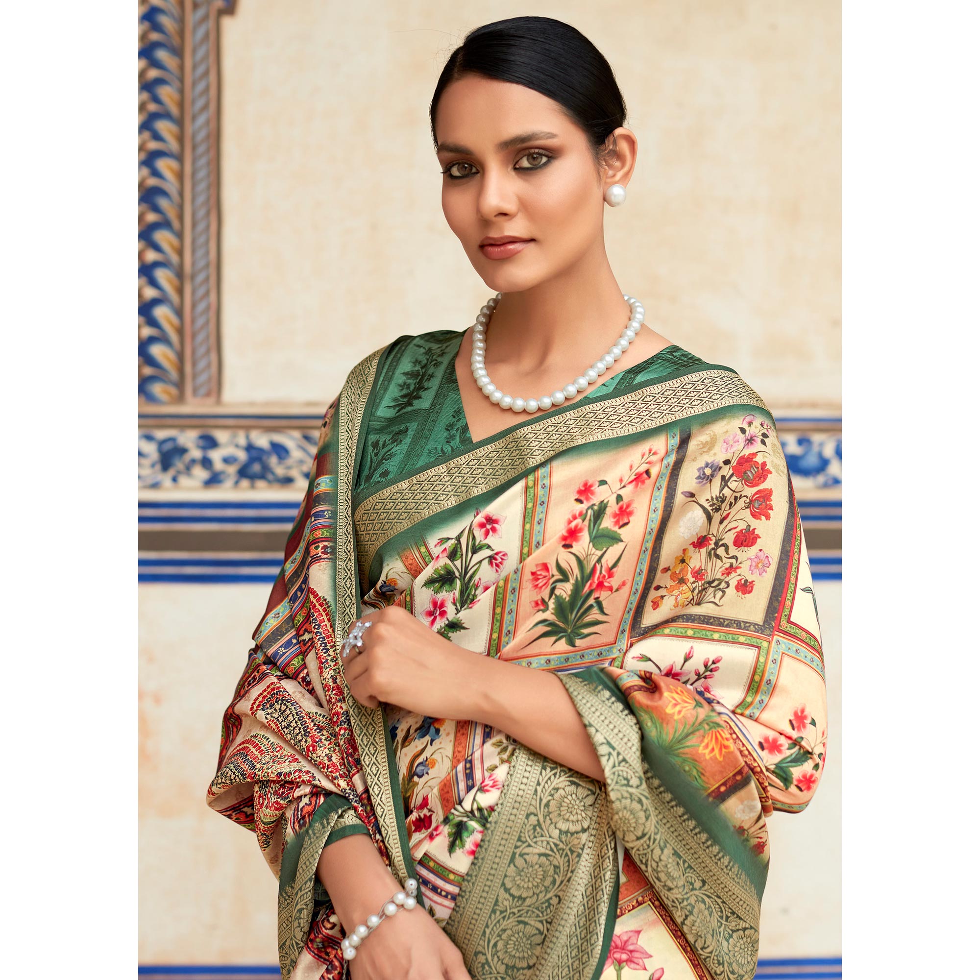 Beige & Green Printed Dola Silk Saree