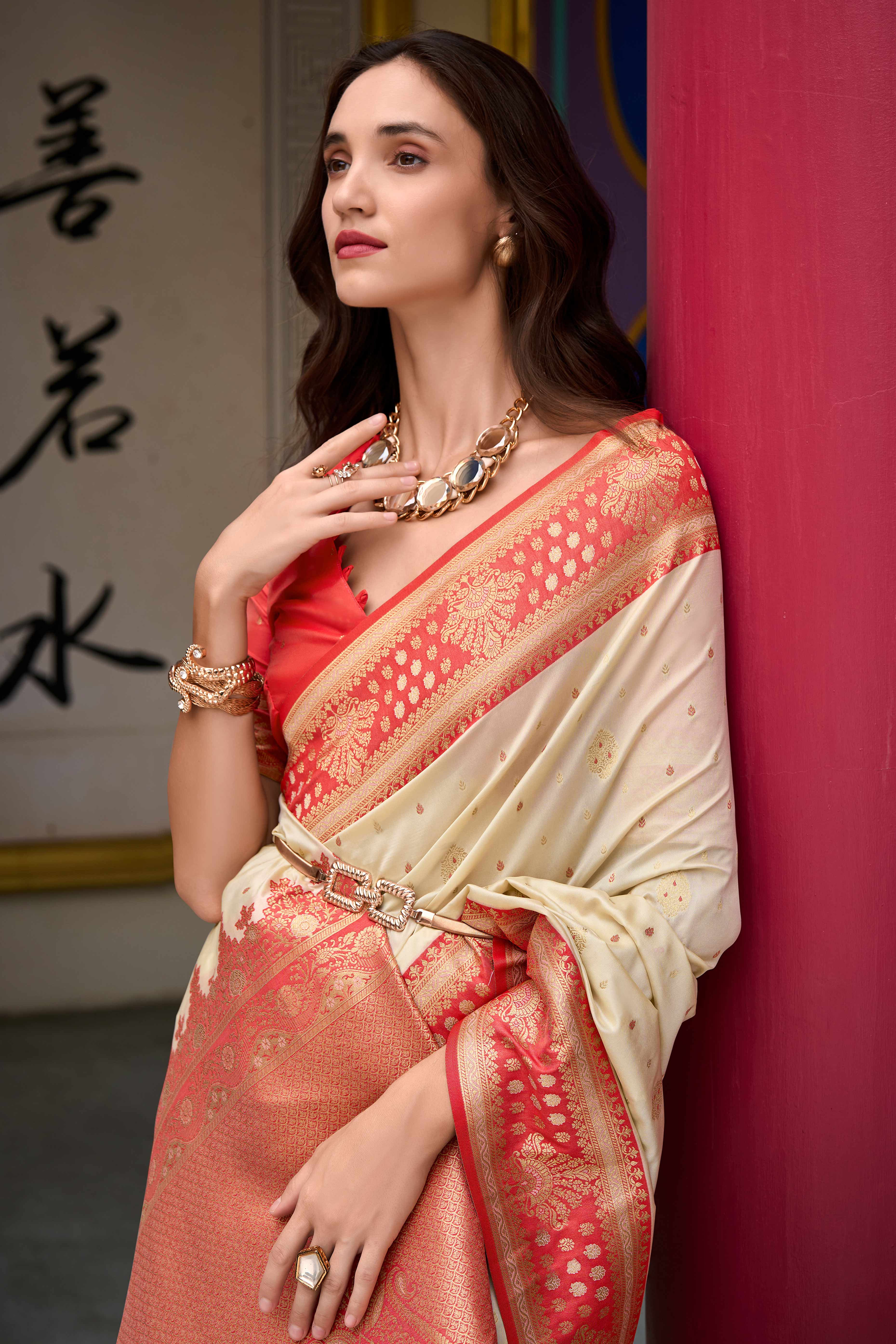 Pure Soft Banarasi Silk Saree in Cream Beige Hue with Timeless Zari Butti Patterns