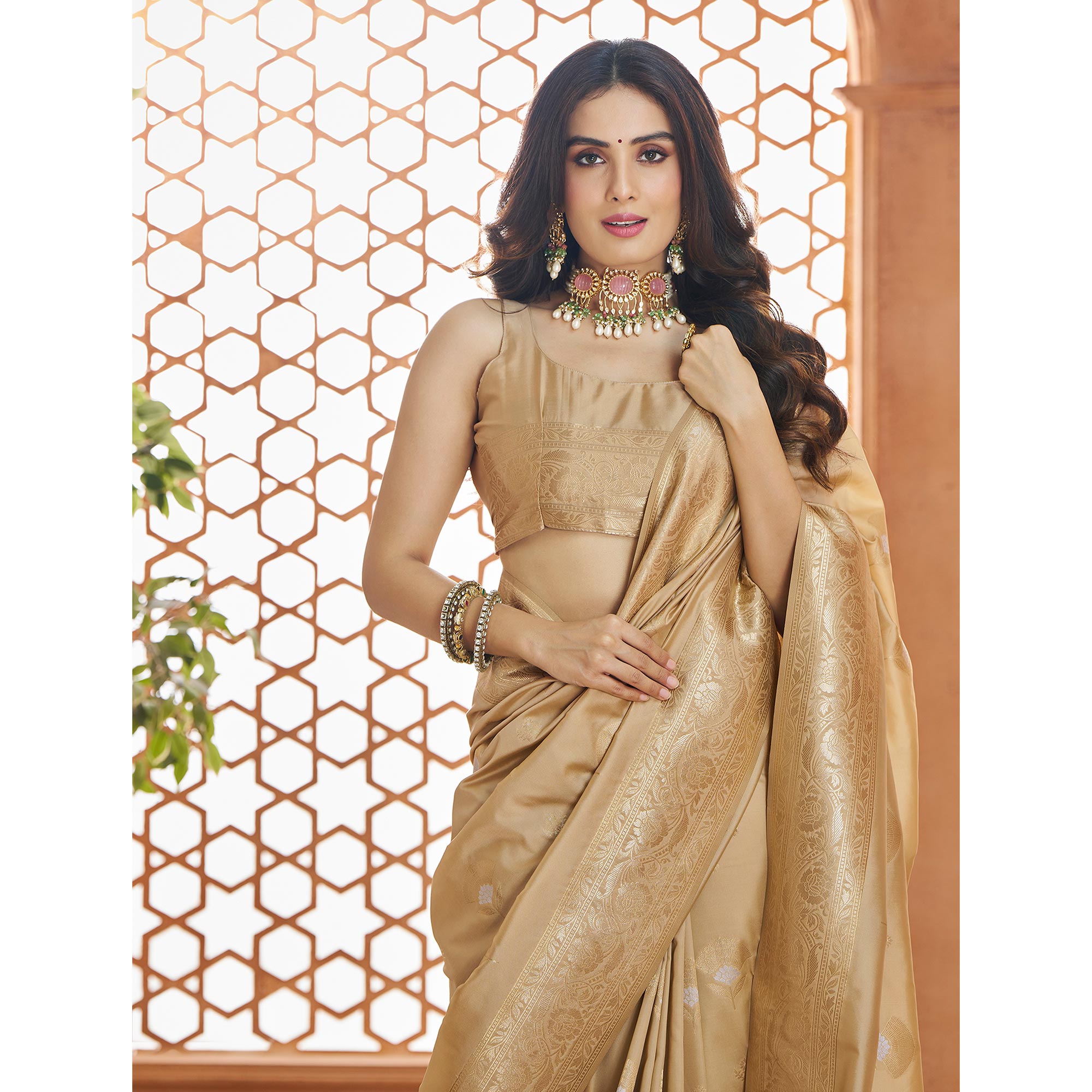 Beige Floral Woven Pure Banarasi Silk Saree