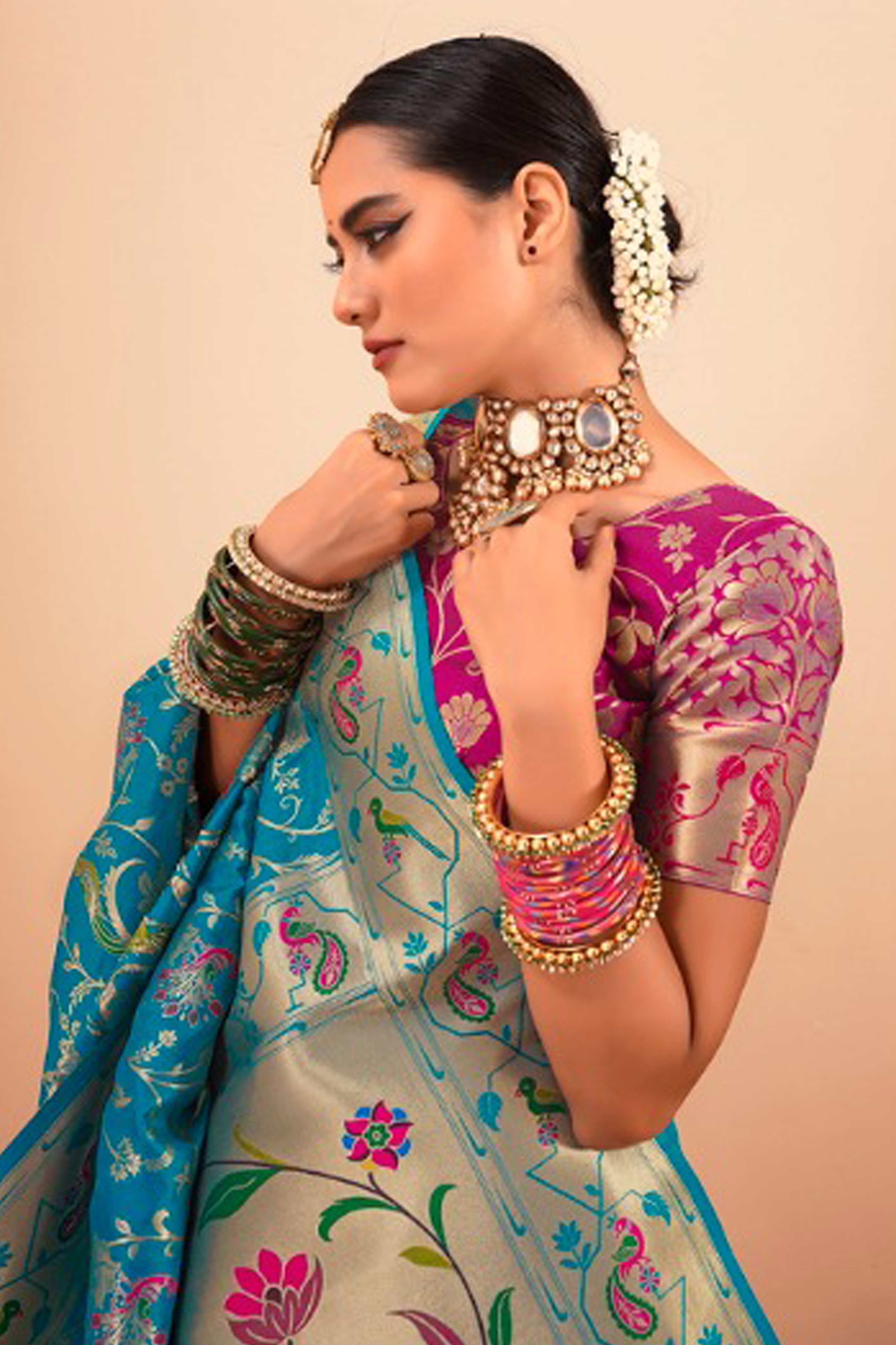 Rama Blue Floral Zari Weaving Pure Silk Paithani Saree