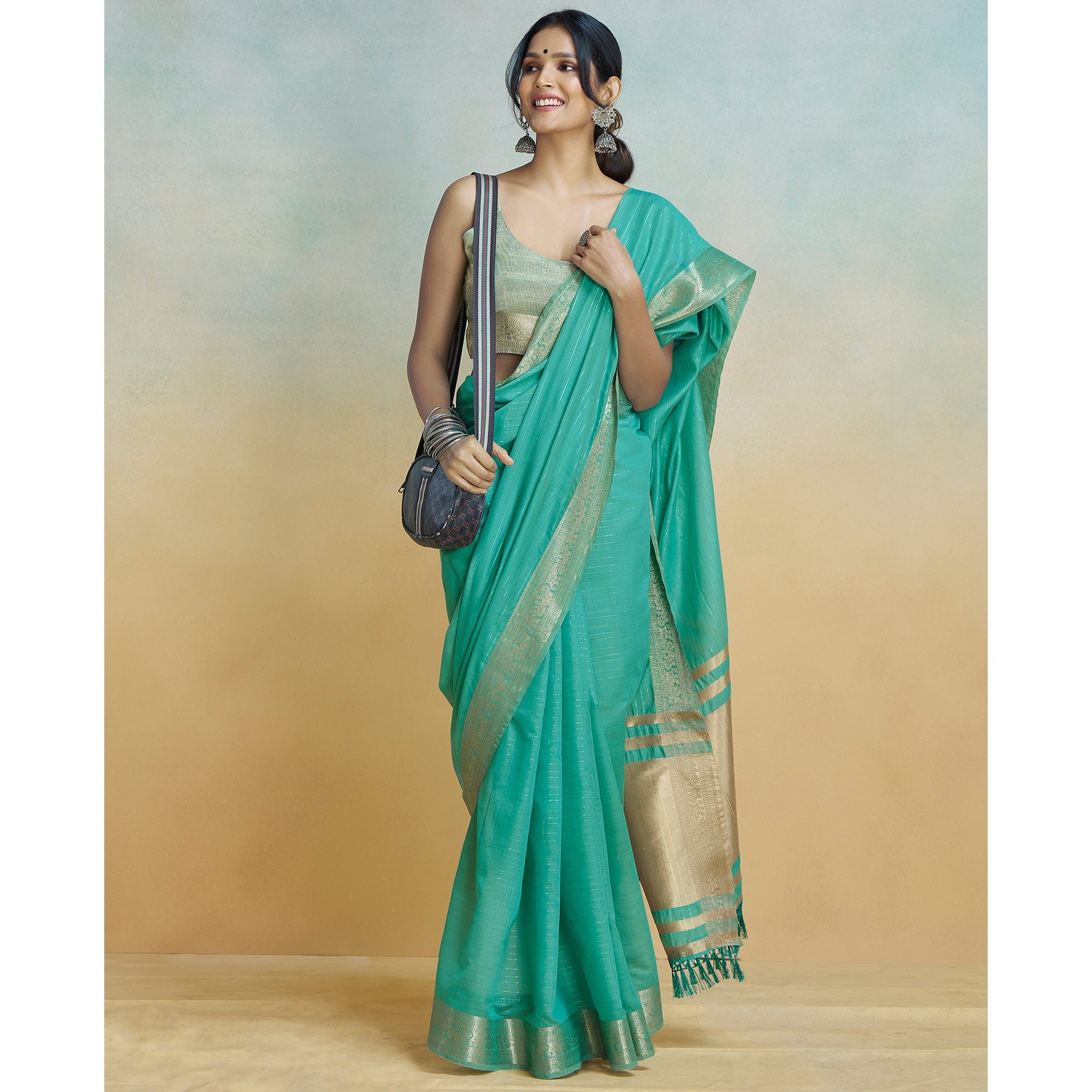 Rama Green Woven Cotton Silk Saree With Tassels