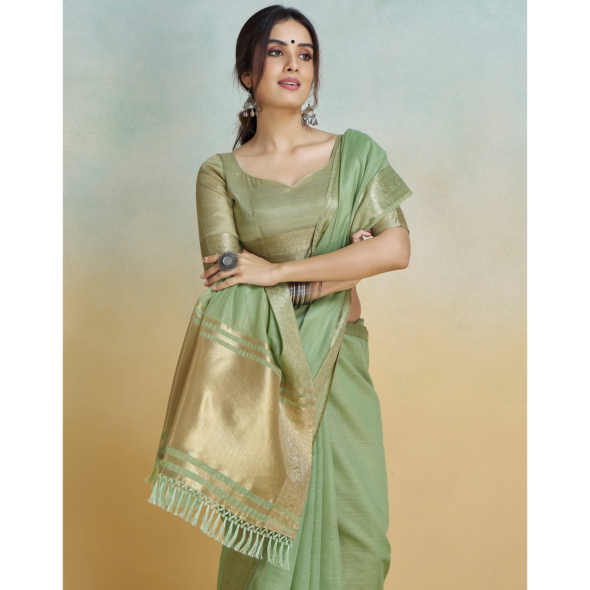 Green Woven Cotton Silk Saree With Tassels