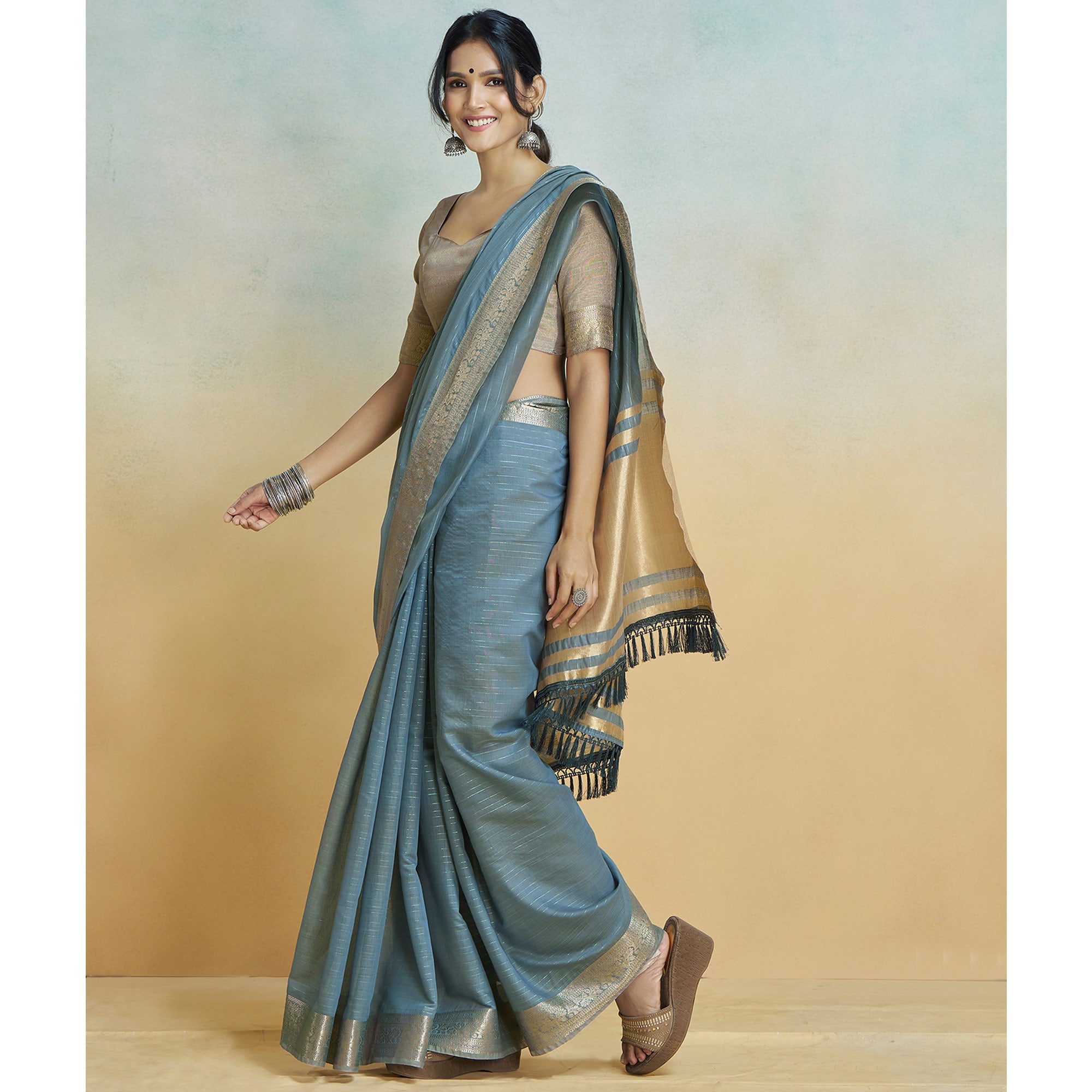 Grey Woven Cotton Silk Saree With Tassels