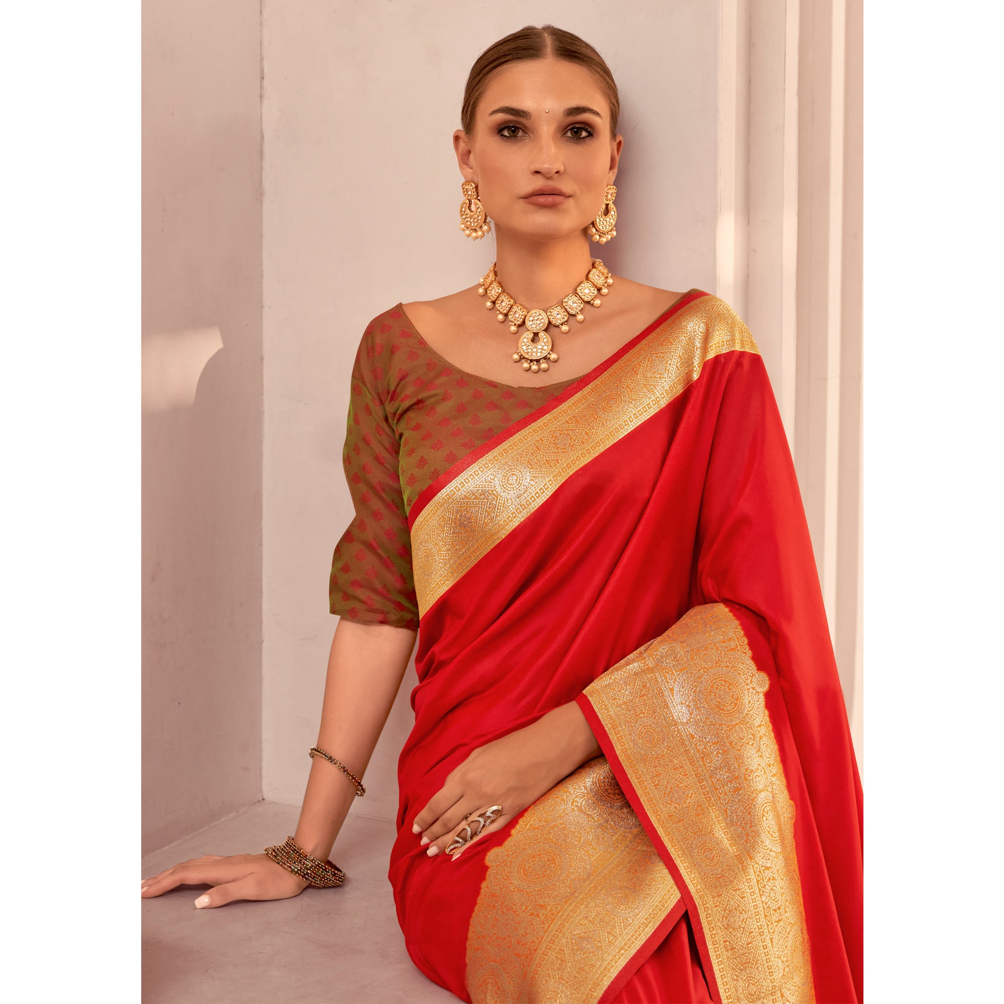 Red Floral Woven Banarasi Silk Saree With Tassels
