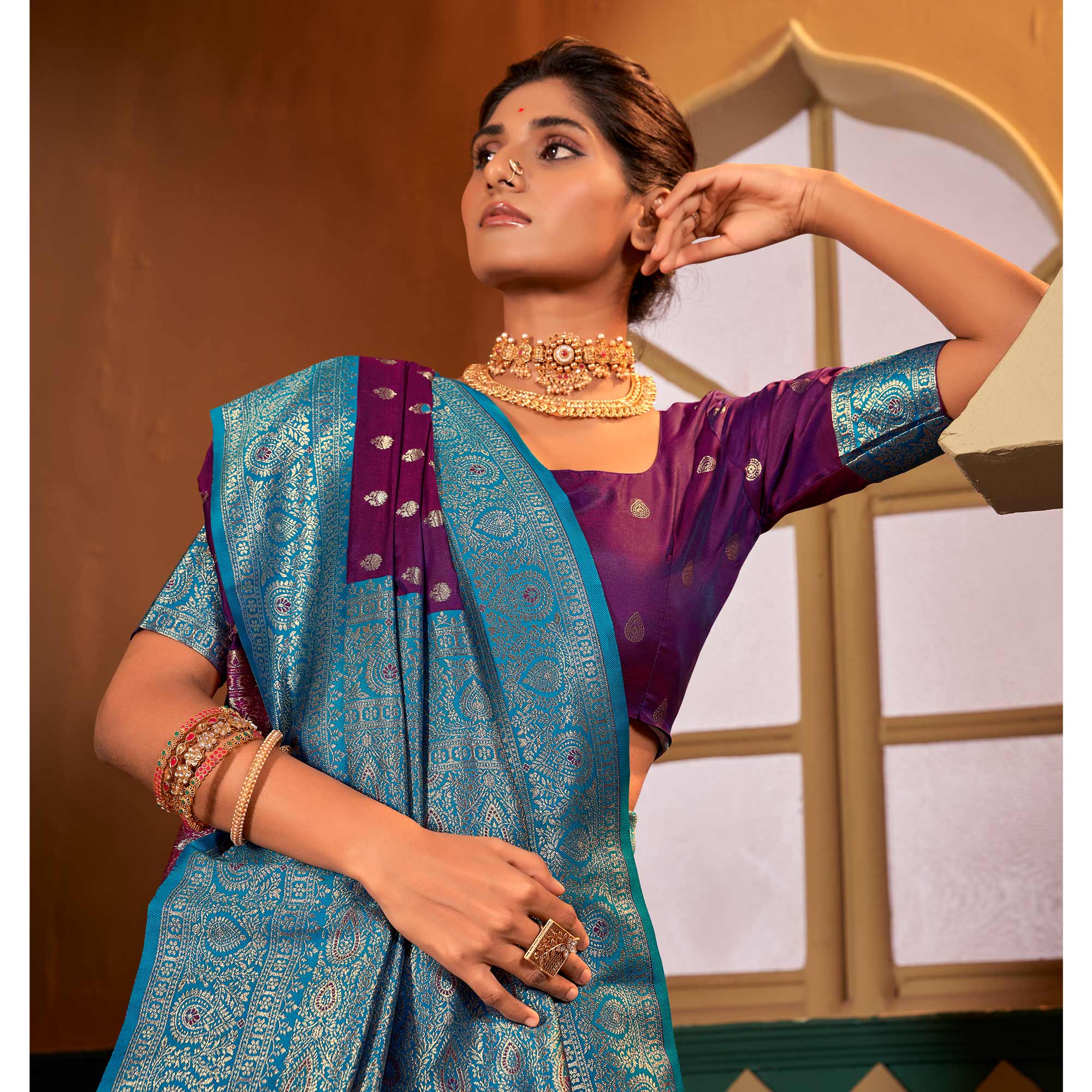 Purple Woven Butti Work Banarasi Silk Saree