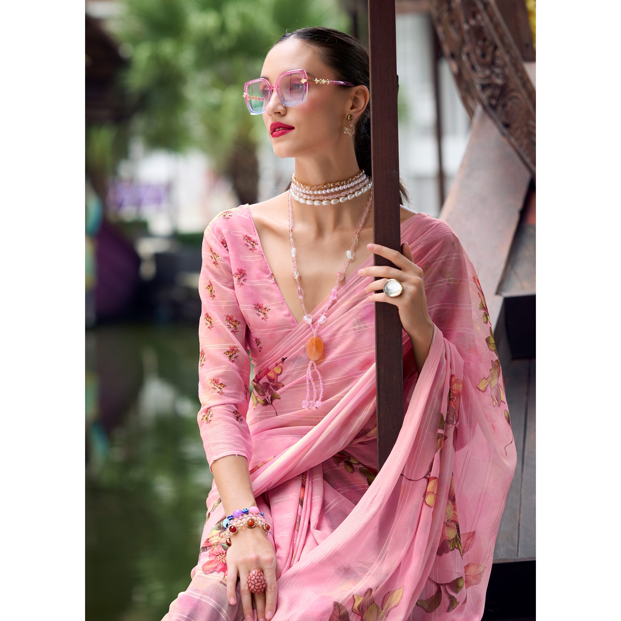 Pink Floral Digital Printed Georgette Saree