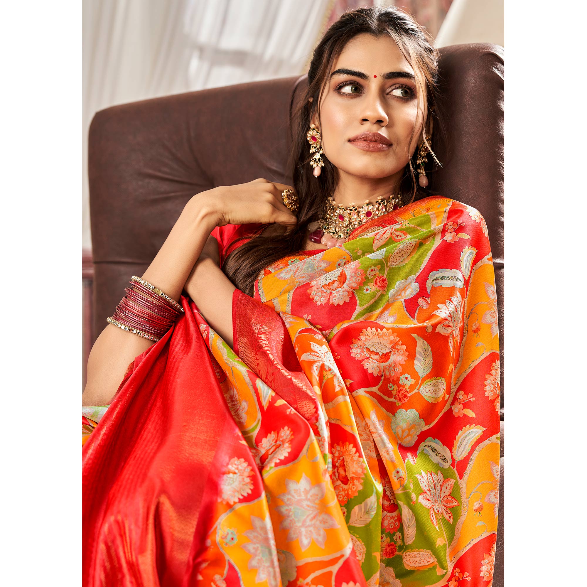 Multicolor Digital Printed Satin Saree
