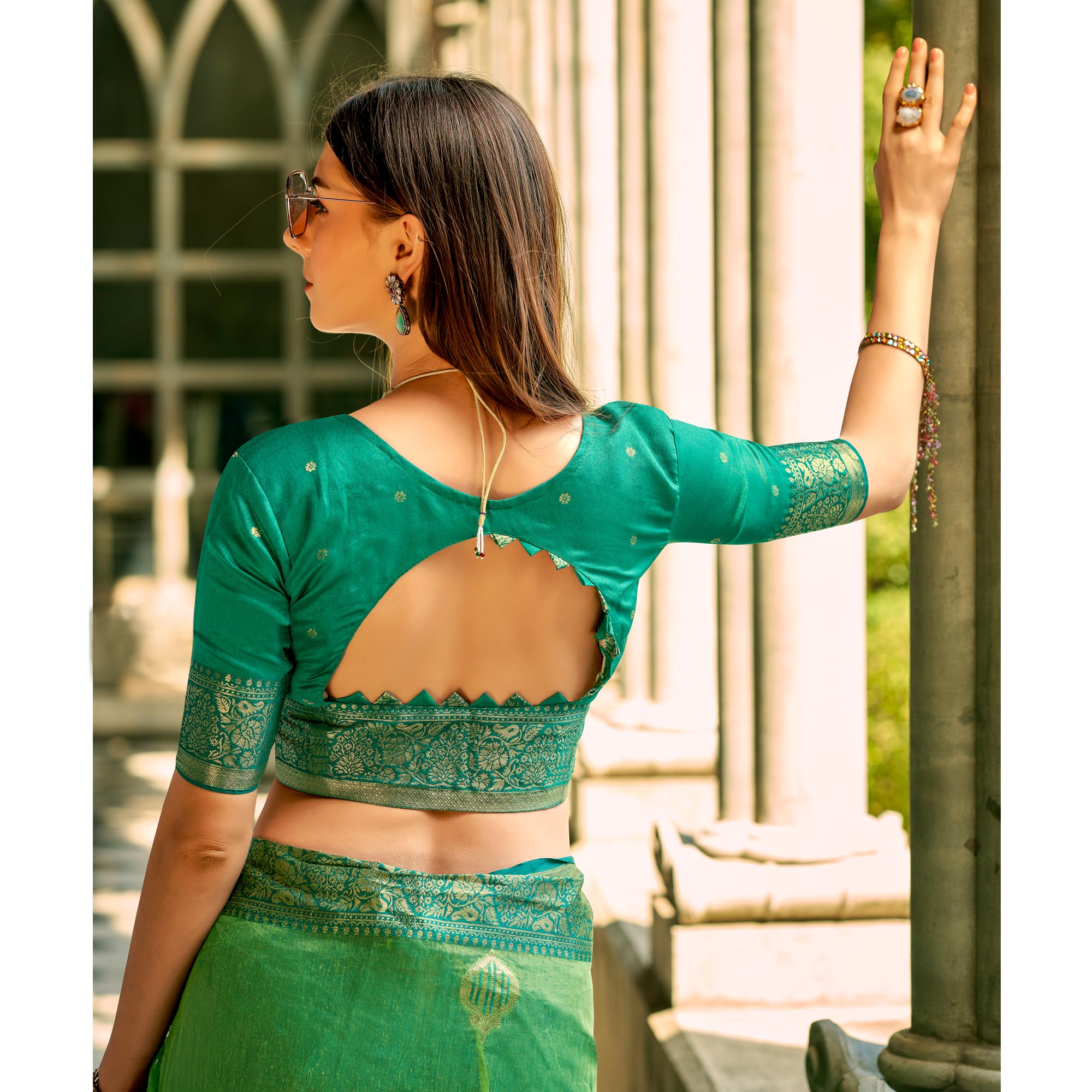 Green Floral Woven Tissue Silk Saree With Tassels