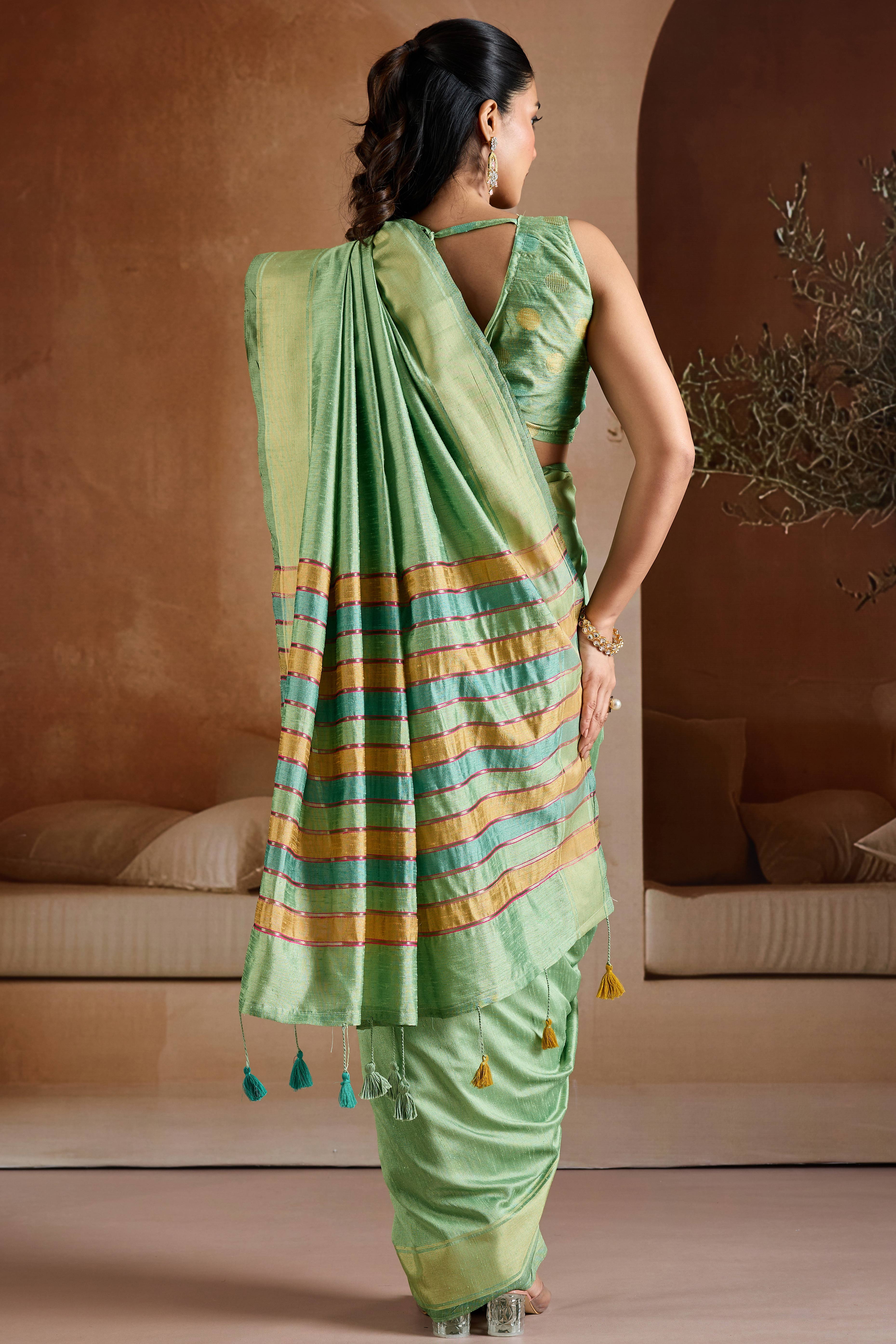 Graceful Green Zari Woven Bhagalpuri Silk Saree Accented With Tassel Pallu