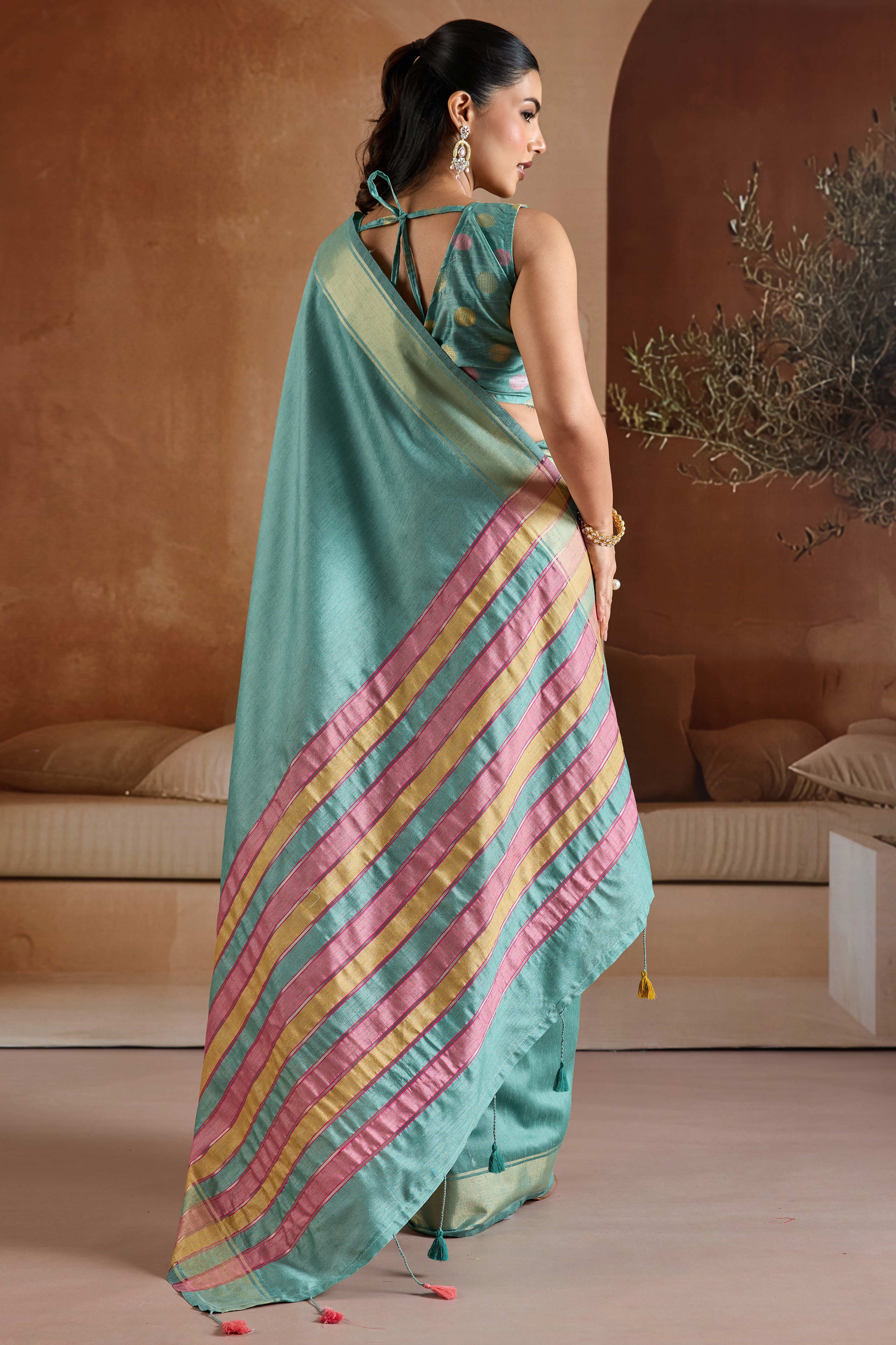 Graceful Turquoise Zari Woven Bhagalpuri Silk Saree Accented With Tassel Pallu