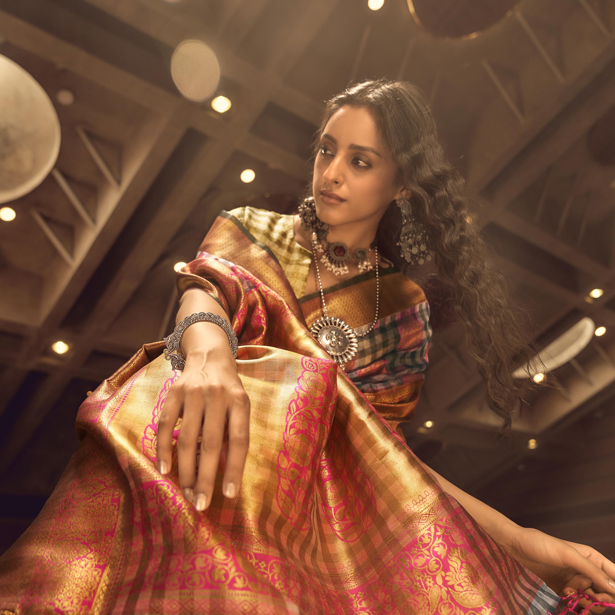 Rani Pink Checks Woven Organza Saree With Tassels