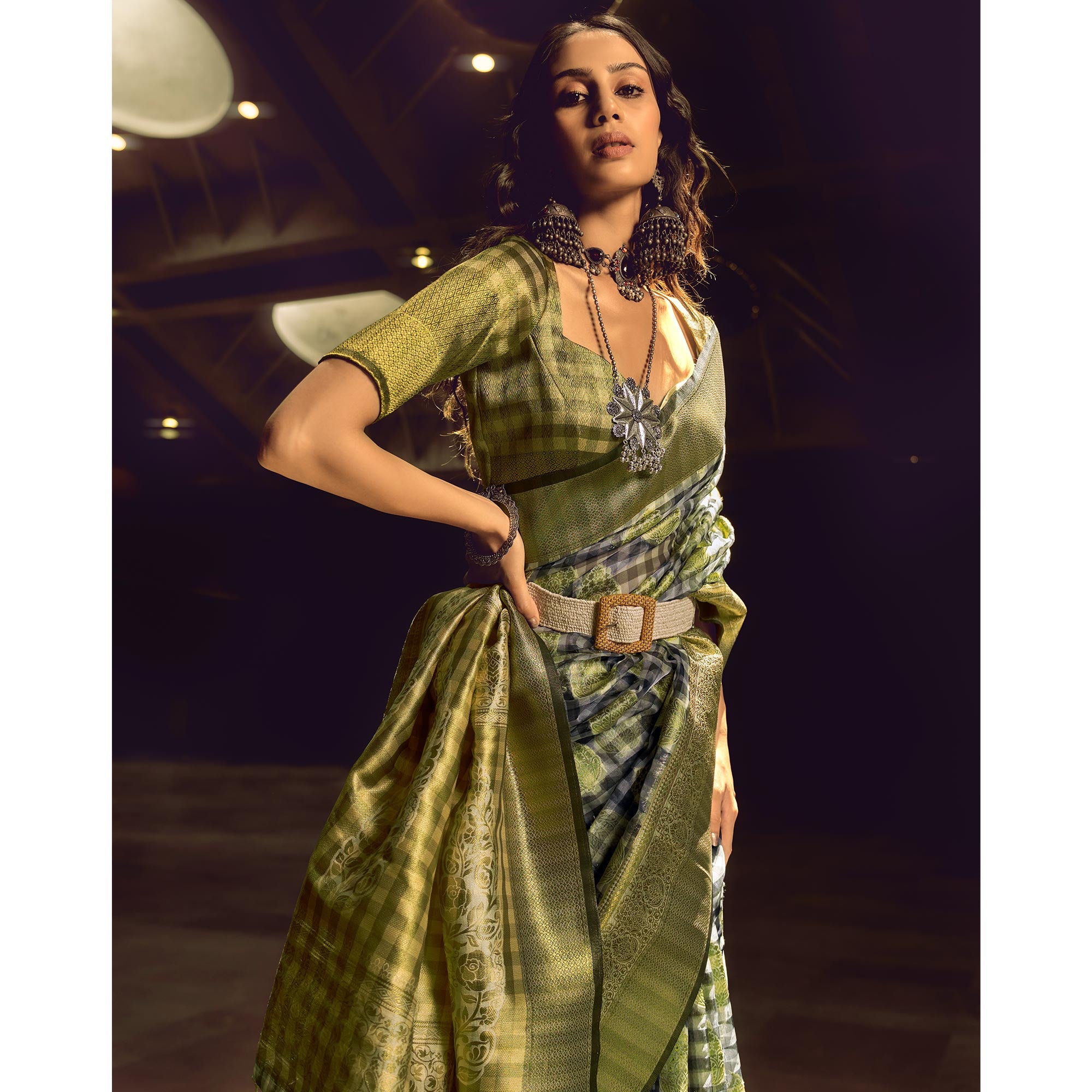 Yellow Checks Woven Organza Saree With Tassels