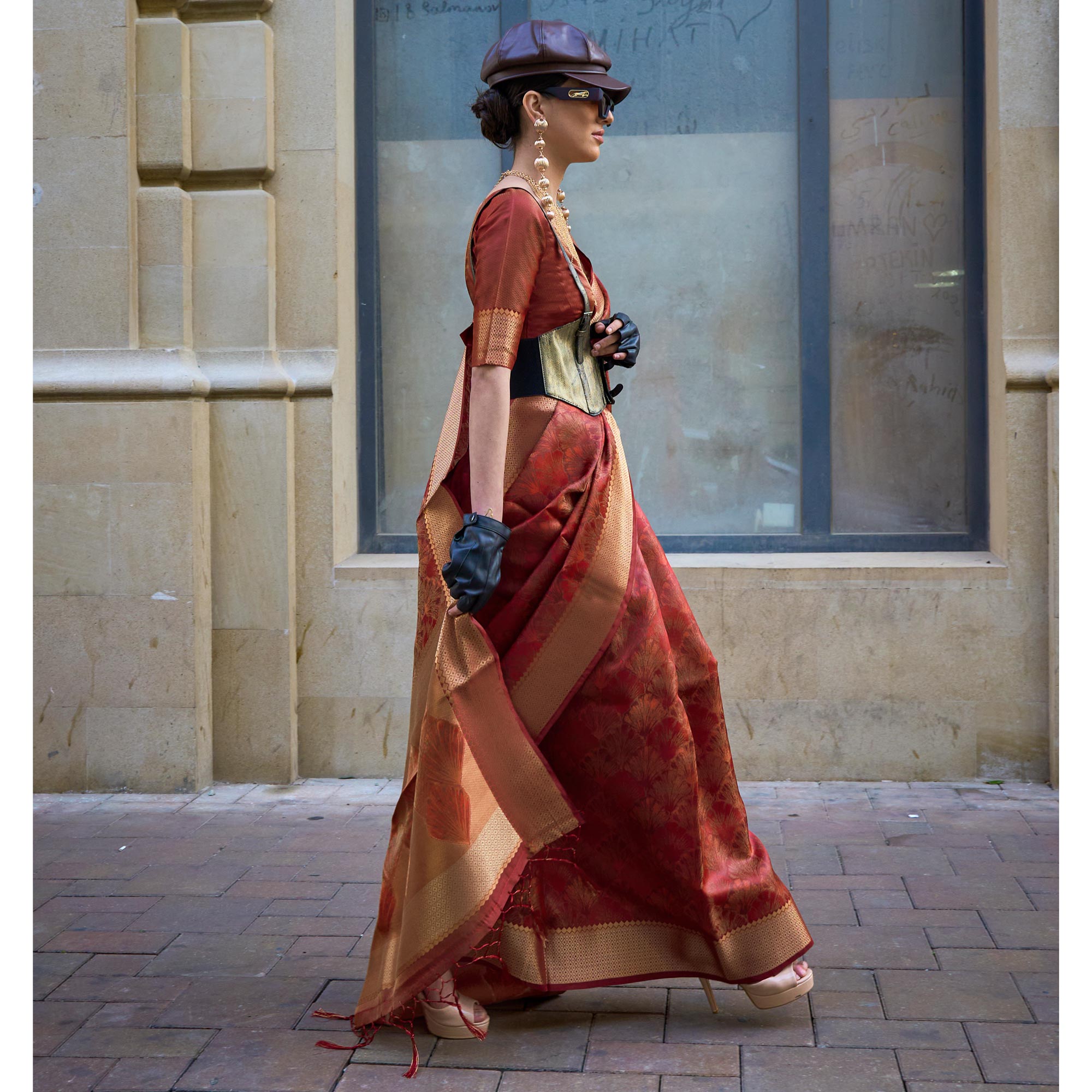 Rust Zari Woven Organza Saree Tassels