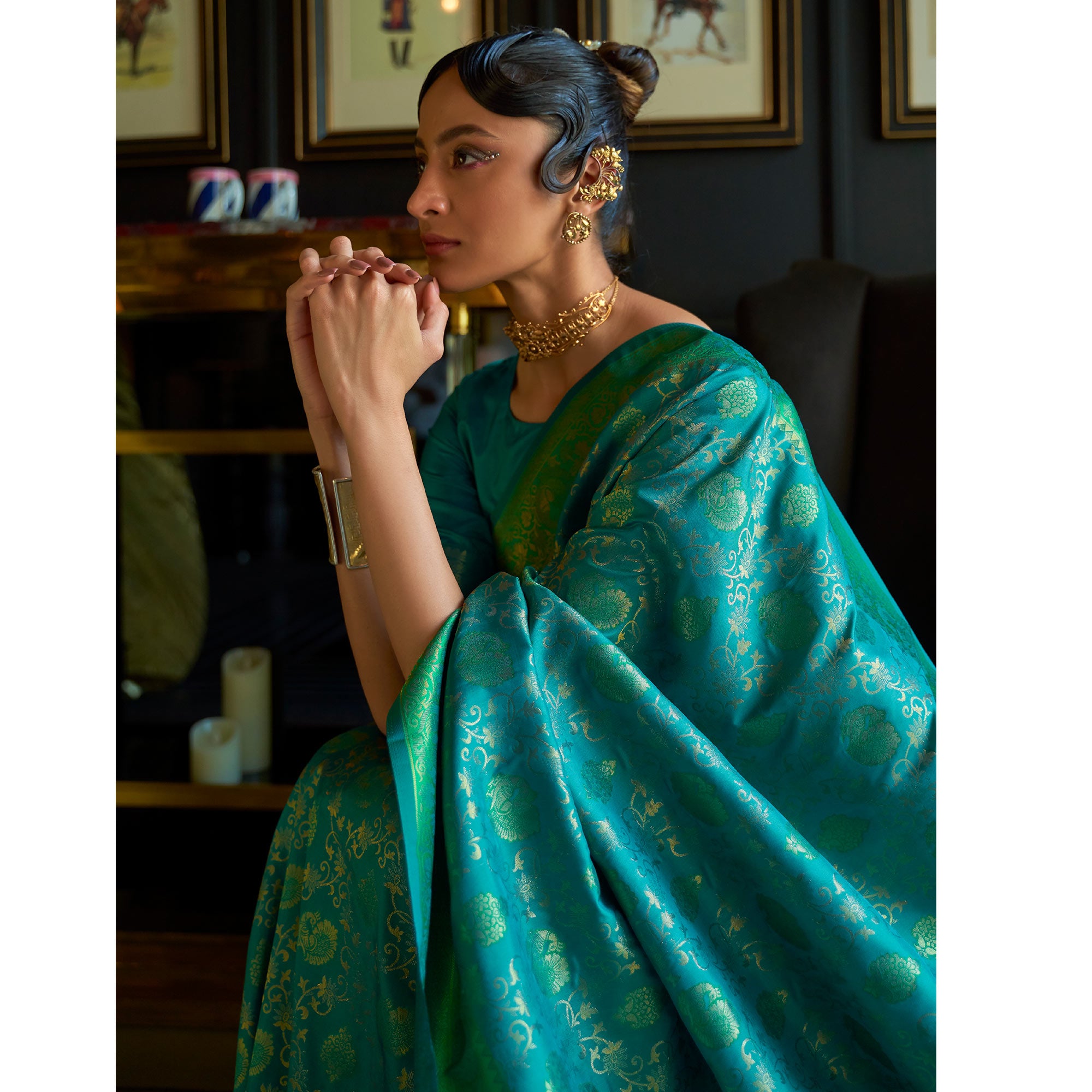 Rama Blue & Green Floral Woven Art Silk Saree