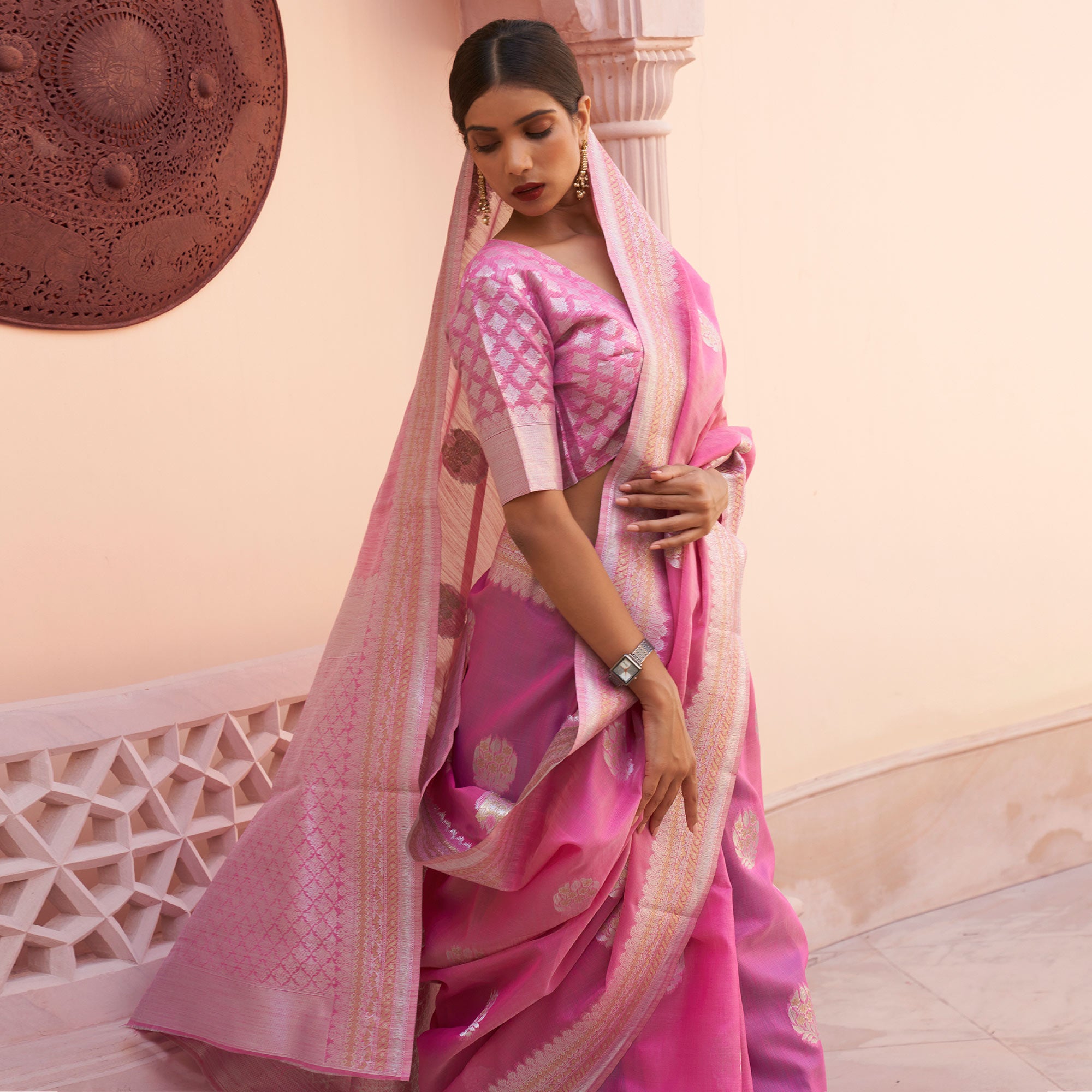 Pink Woven Linen Saree