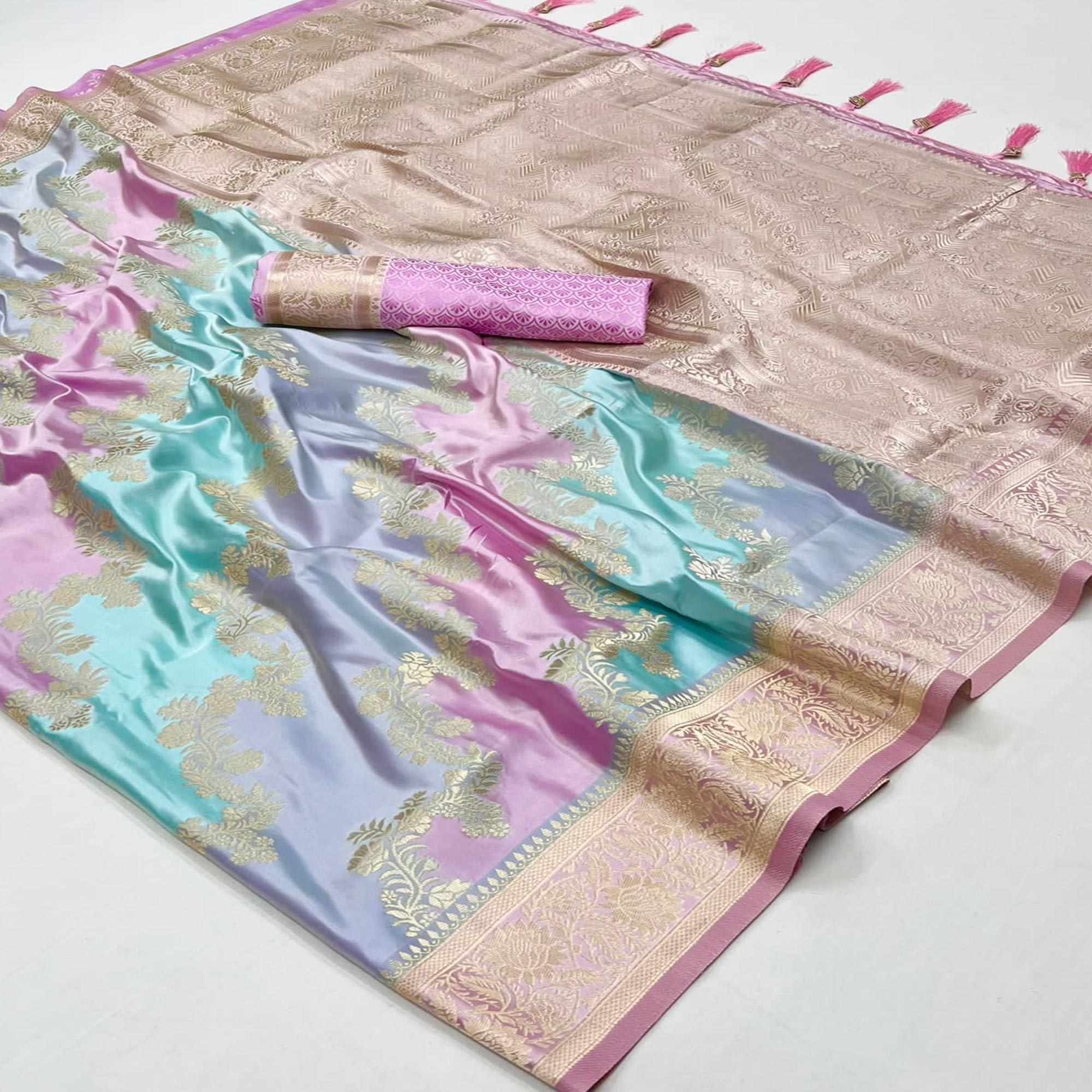 Pink Floral Woven Satin Saree With Tassels