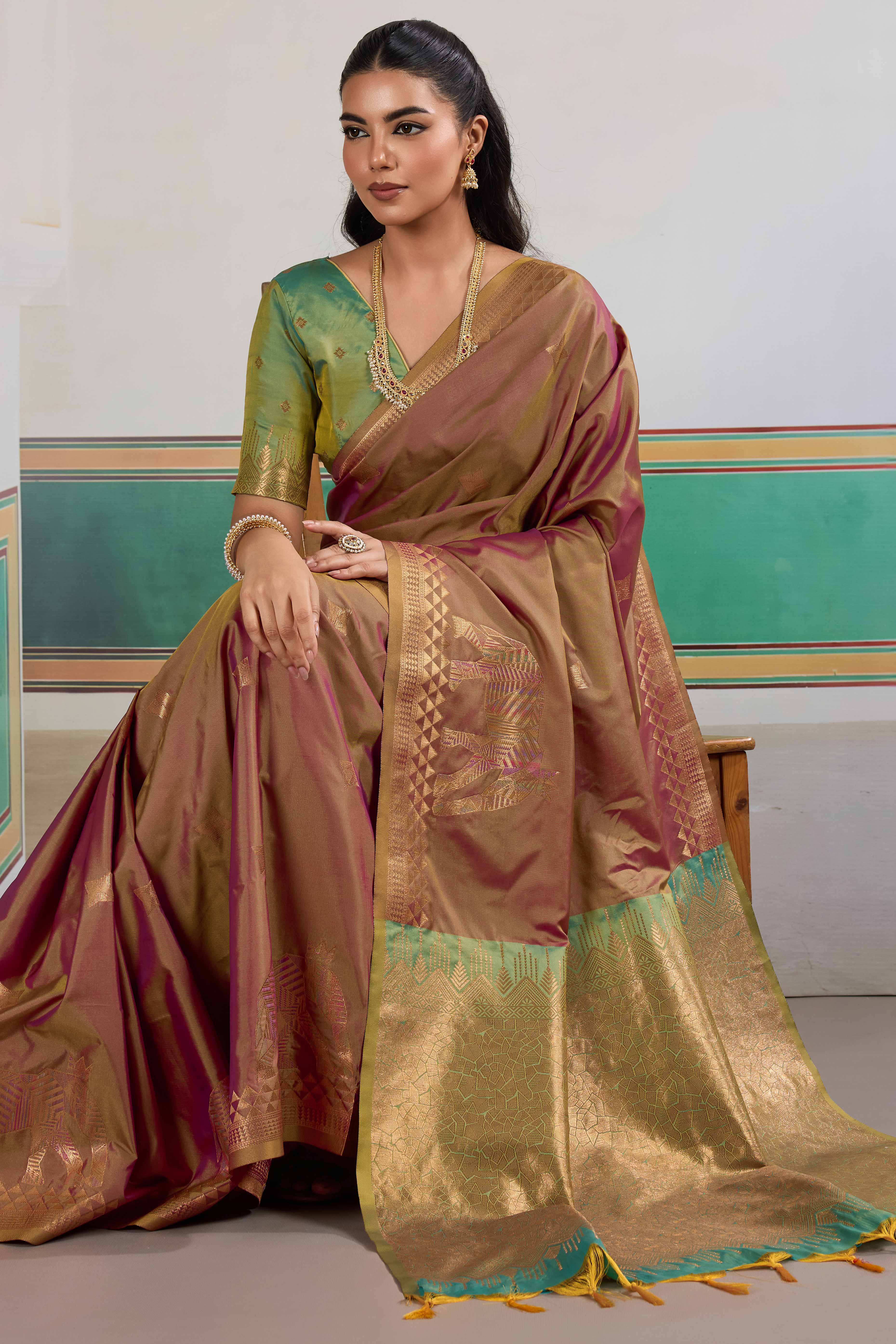 Traditional Brown Pure Silk Saree Featuring Elephant Motif Zari Weaving & Tassel Pallu