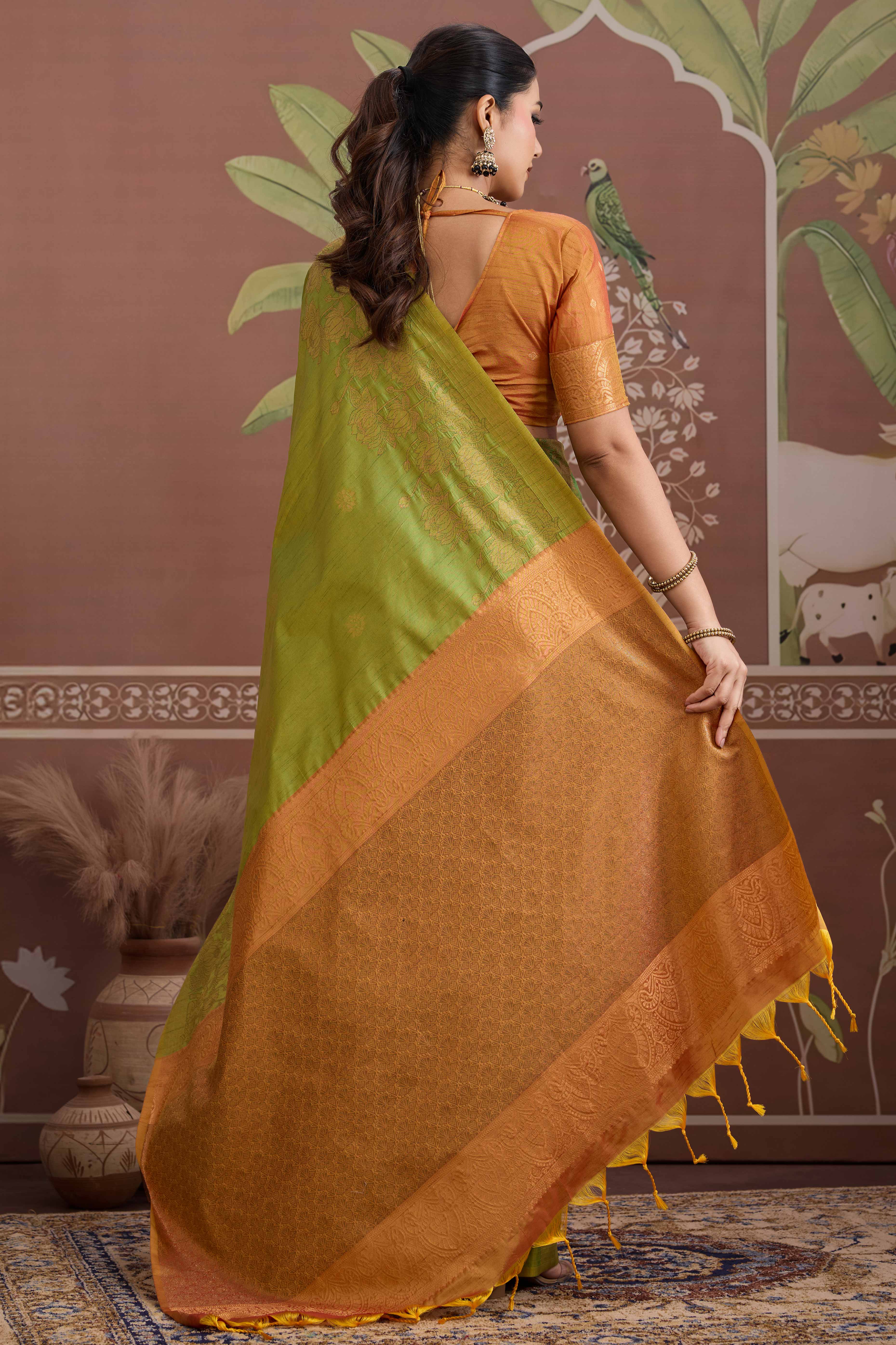 Luxury Lime Green Pichwai Style Saree in Silk Blend with Intricate Zari Work