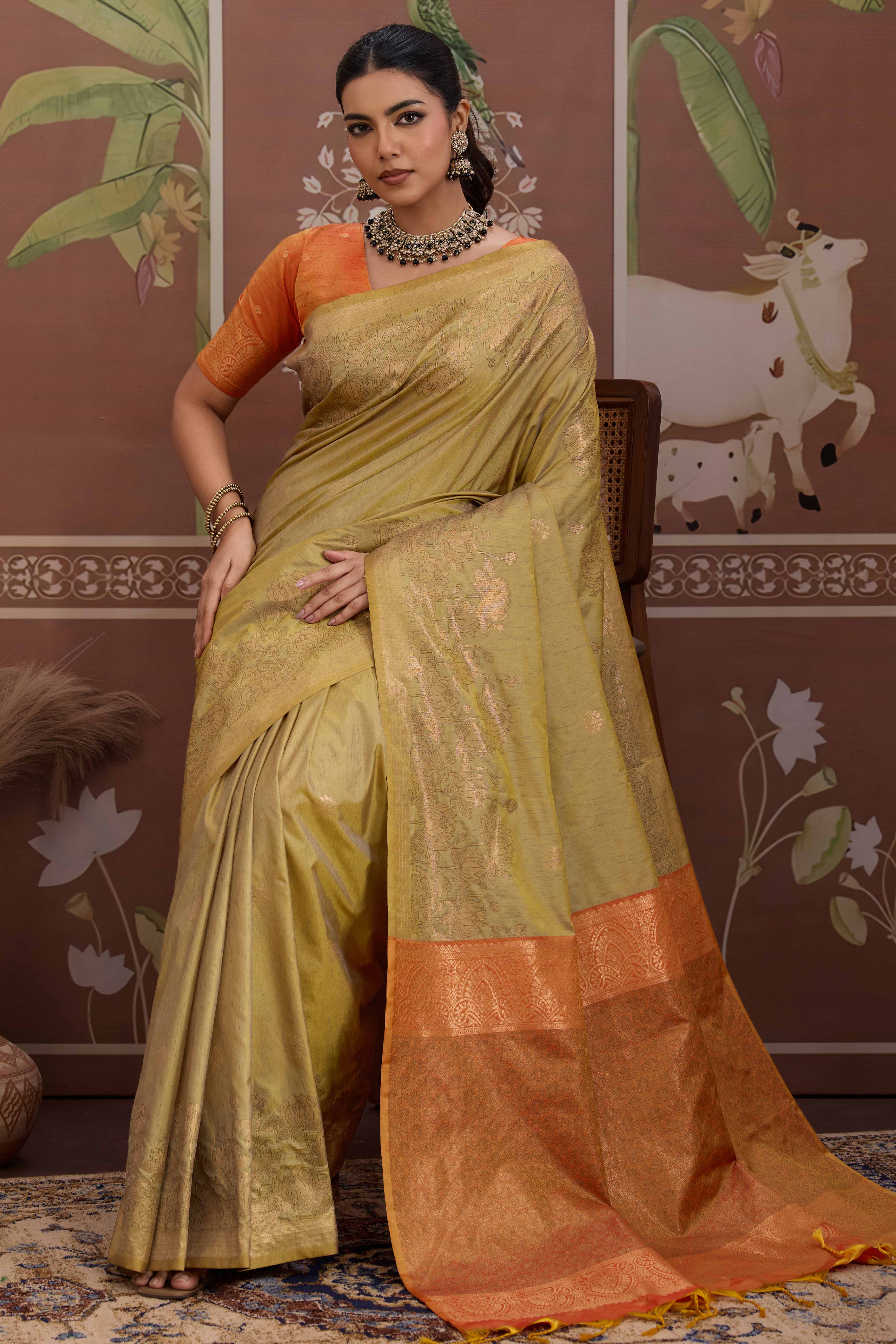 Luxury Gold Pichwai Style Saree in Silk Blend with Intricate Zari Work
