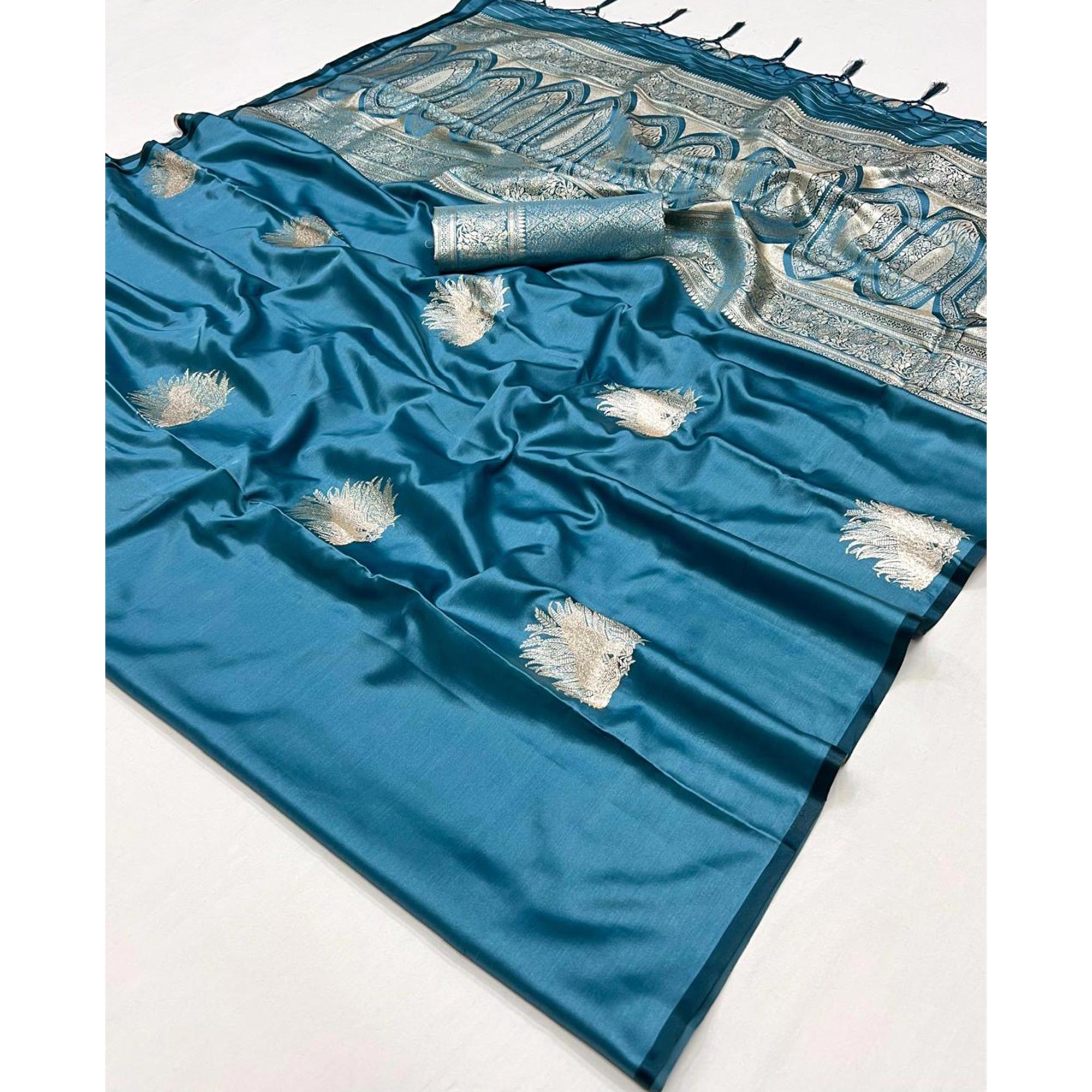 Teal Handloom Weaving Satin Saree