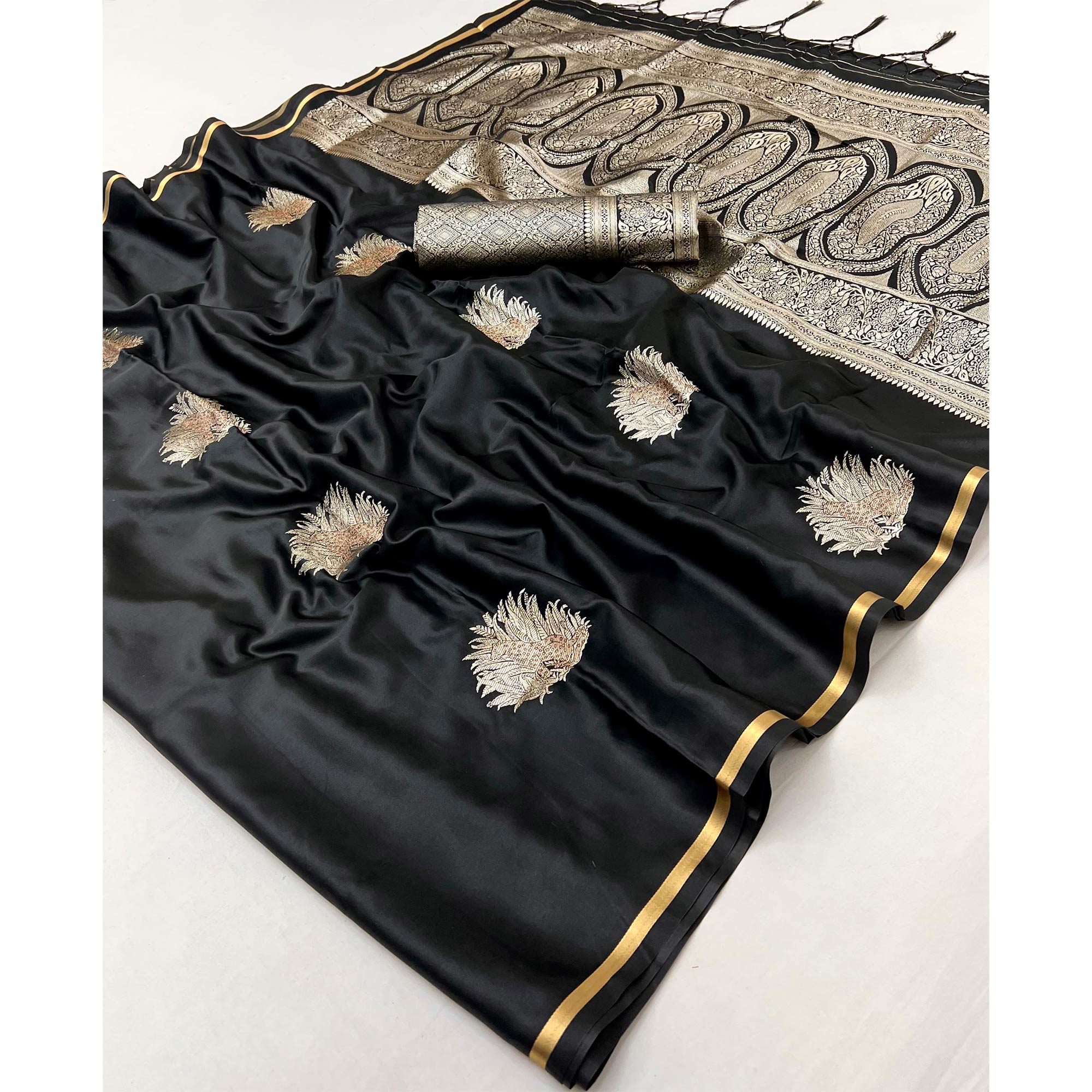 Black Satin Saree Featuring Intricate Handloom Weaving