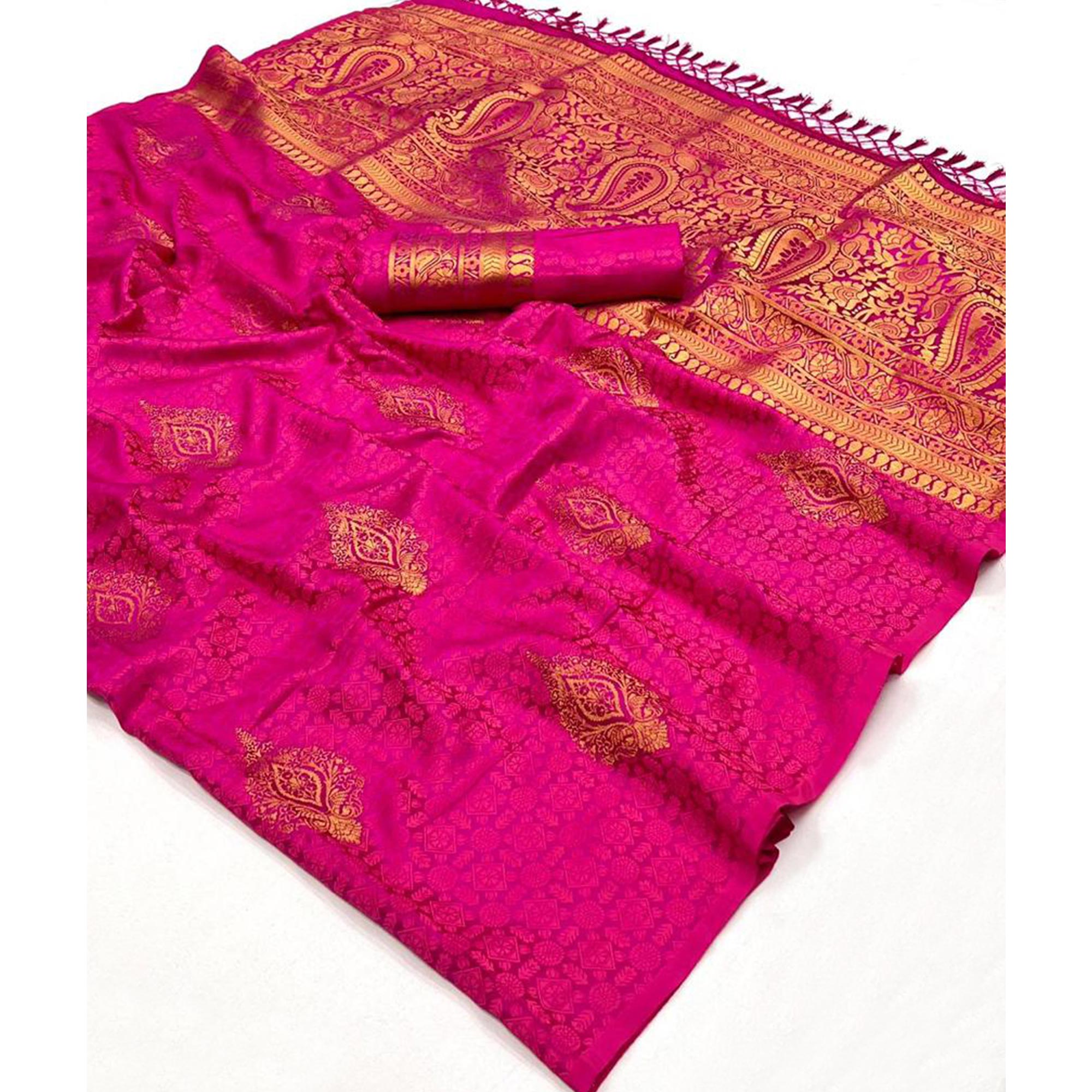 Rani Pink Woven Satin Two Tone Saree